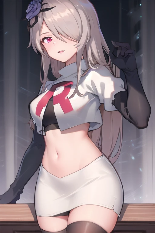 rita rossweisse, brown hair, long hair, hair over one eye, eyes visible through hair, hair flower, blue rose, red eyes, swept bangs, mole under eye, team rocket,team rocket uniform,white skirt,red letter R,crop top,black thigh-highs,black elbow gloves