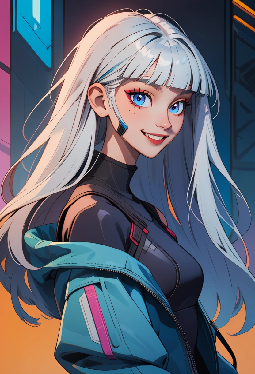 th3t4styl3, 1girl, cyberpunk, solo, looking at viewer, long hair, white hair, blue eyes, alternate hairstyle, blunt bangs, upper body, off shoulder, cyborg, smile, bodysuit, jacket, hair down, eyeliner, alternate hair length, makeup, multicolored hair, from side