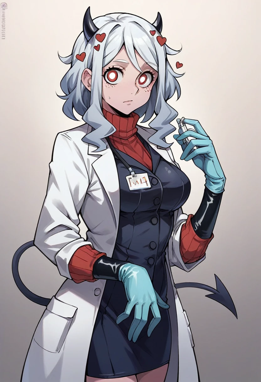 1girl, modeus \(helltaker\), ((blue medical gloves)), ((surgical gloves)), ((latex gloves)), ((long sleeves)), looking at viewer, ((white doctor outfit)), standing, solo