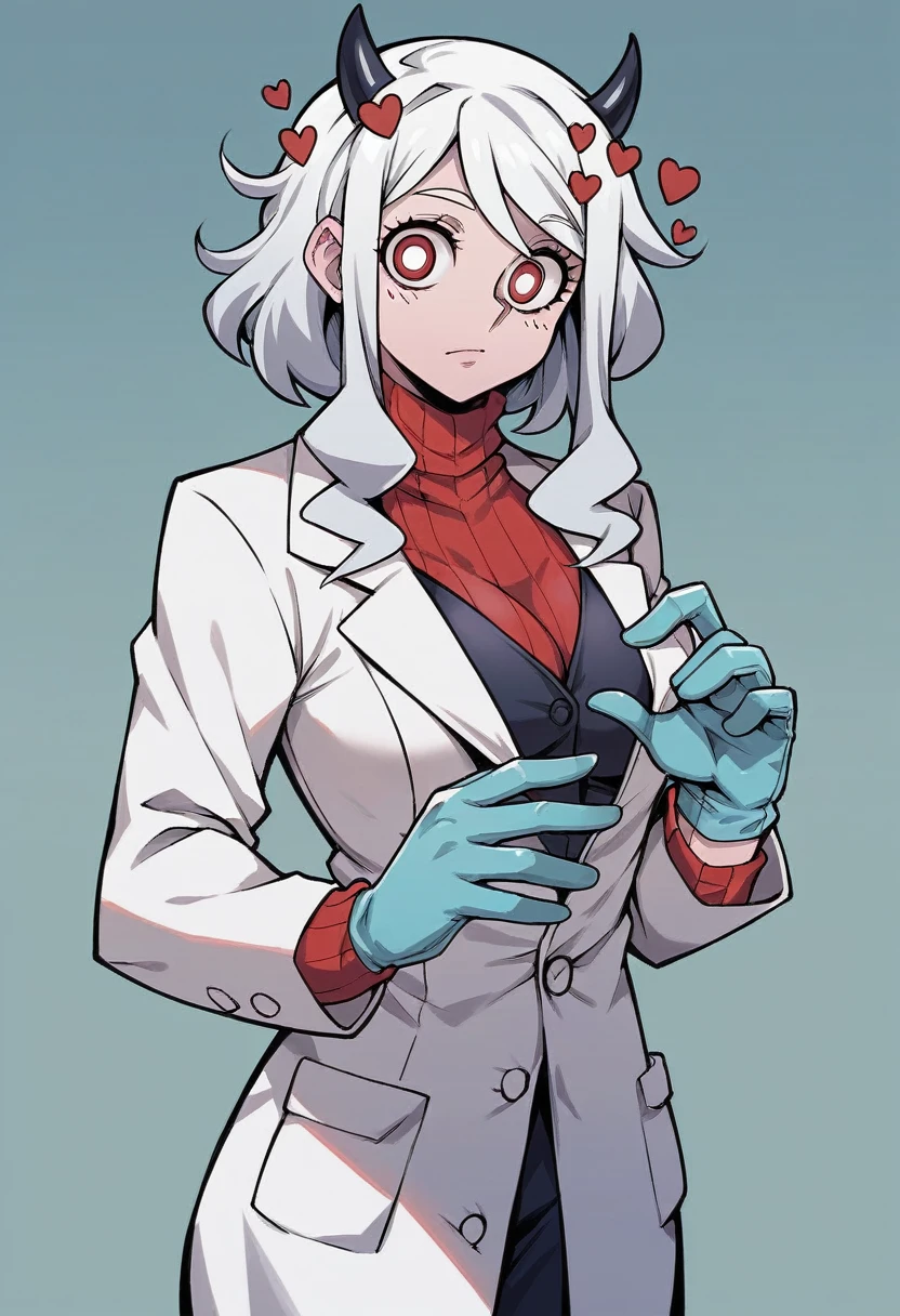 1girl, modeus \(helltaker\), ((blue medical gloves)), ((surgical gloves)), ((latex gloves)), ((long sleeves)), looking at viewer, ((white doctor outfit)), standing, solo