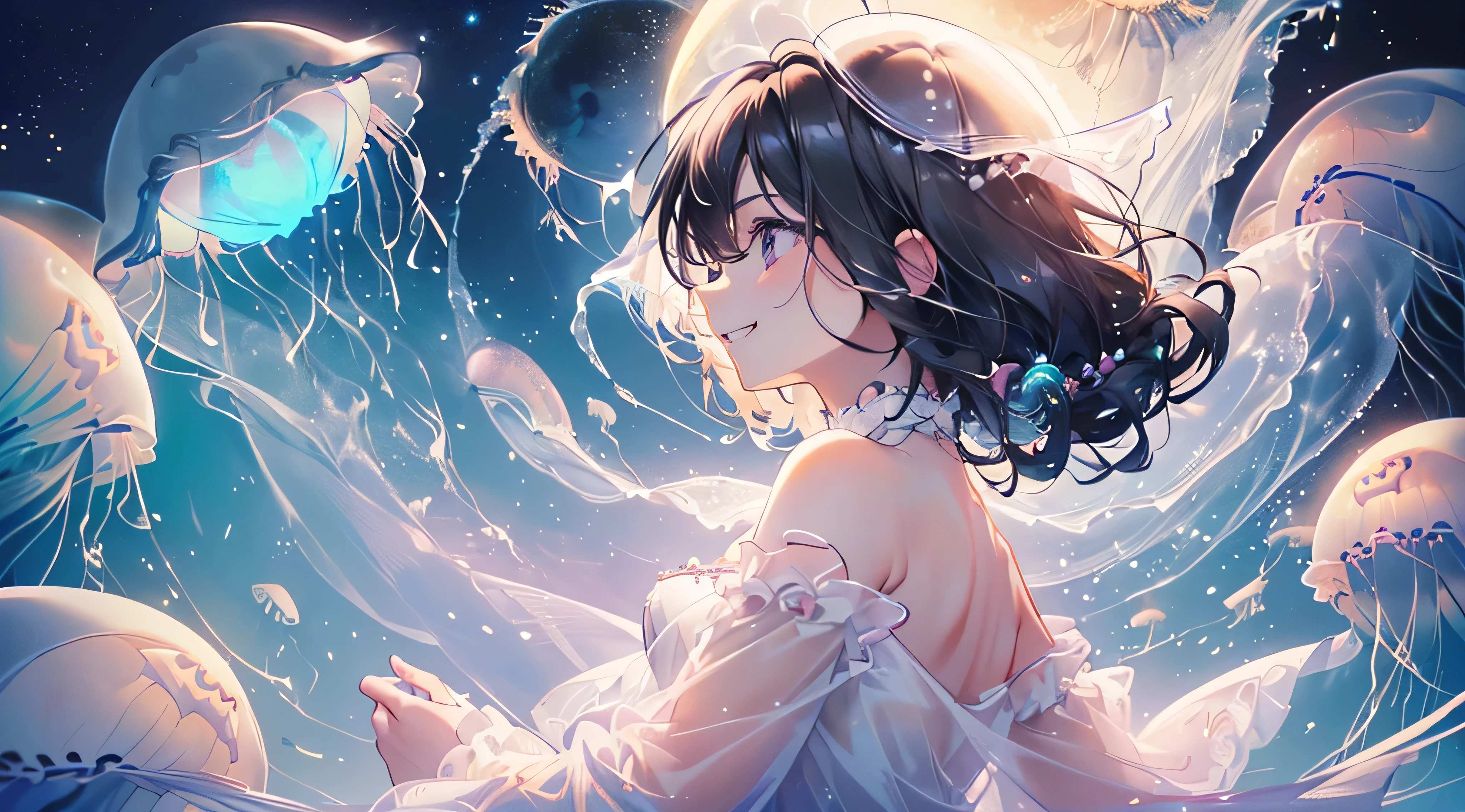 (((Highest quality、Cute moon jellyfish、masterpiece、Ultra-fine、Ultra-fine、Exquisite、16K、Black Hair、Full HD、Asahi、))) 、 ((((The best smile,profile)))、((The best smile)) 、(epic proportion)、