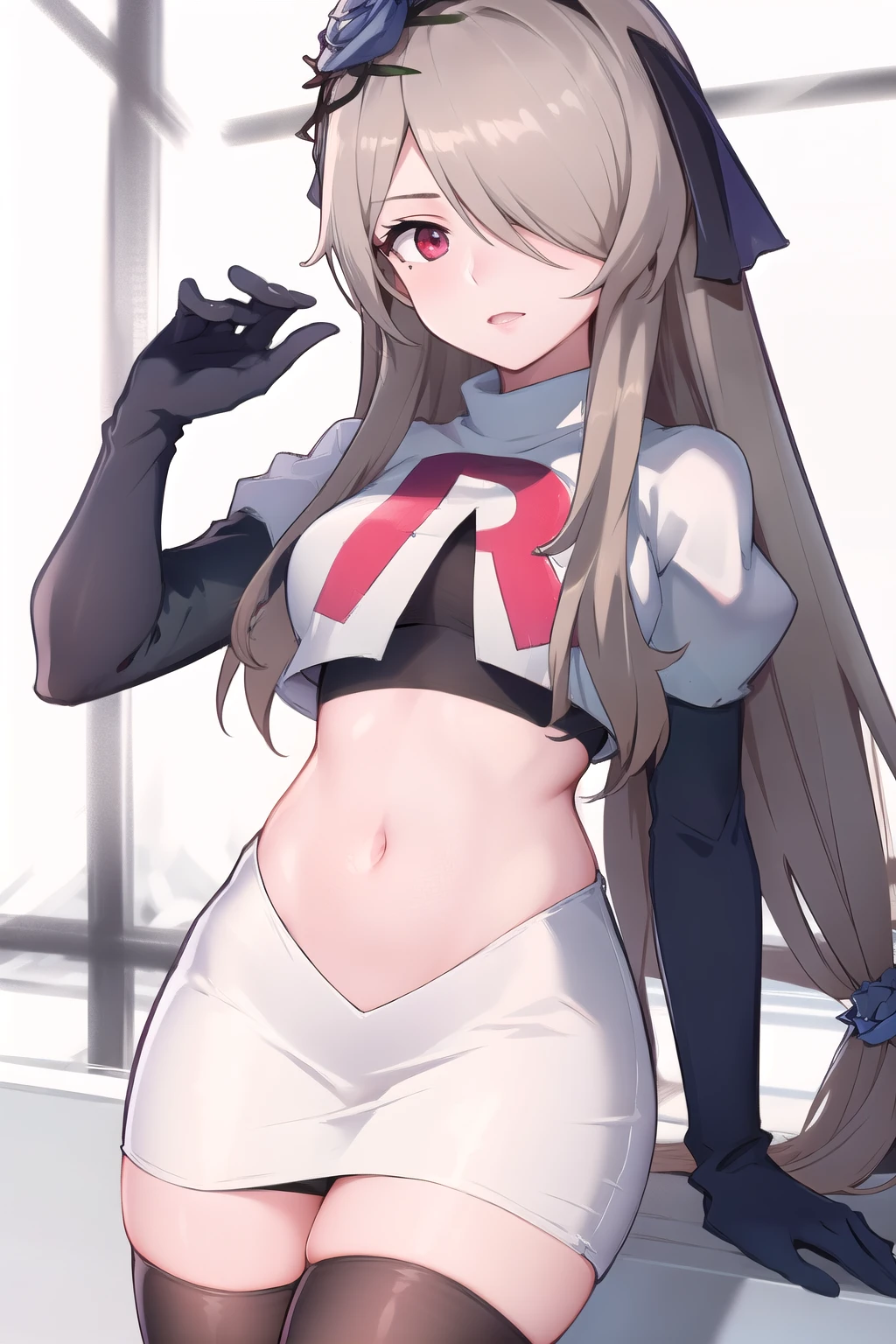 rita rossweisse, brown hair, long hair, hair over one eye, eyes visible through hair, hair flower, blue rose, red eyes, swept bangs, mole under eye, team rocket,team rocket uniform,white skirt,red letter R,crop top,black thigh-highs,black elbow gloves