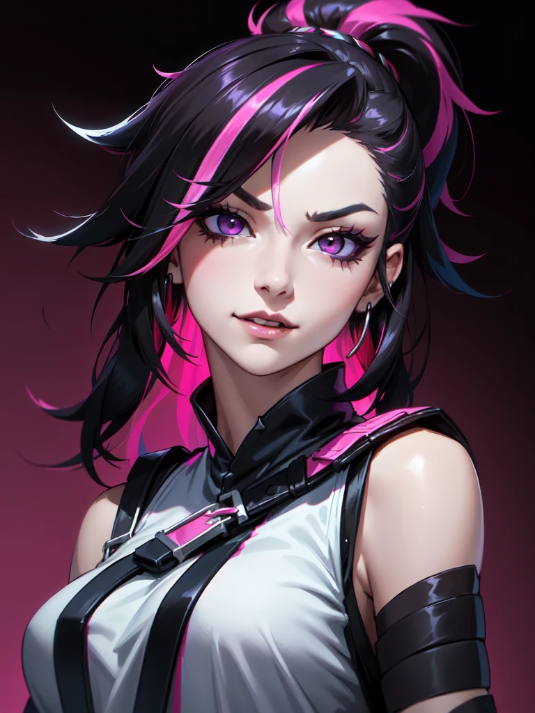 (((Portrait Photo))), She has the Appearance of Bold and Edgy Girl, with a Slim, Fashionable Build that Radiates Confidence. Her Long, Straight Black Hair is Accentuated by Vibrant Pink Streaks, Tied in a Spiky Short Ponytail, Adding a Striking and Rebellious Flair to Her Look. Her Dark Eyes are Intense and Expressive, Filled with a Sense of Mischief and Determination, Giving Her a Fierce and Charismatic Aura. Her Expression is Playful and Defiant, with a Smug, Confident Smile that Conveys a Sense of Boldness and Independence. (((High Quality, Dark Background))), (((Portrait Photo))), (((Streaked Hair))), (((Sleeveless Top with Straps and Loose Sleeves)))