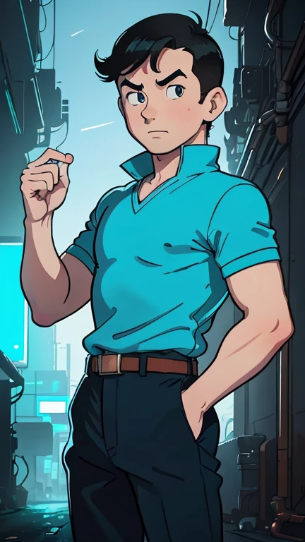 (European: Teens: 1man, Tintin,1boy, blue top, brown pant,Osamu Tezuka style), (extremely detailed CG unit 8k wallpaper),(master part), (best quality), (ultra detail), (best illustration), (cinematic lighting), cowboy shot, (Sharp eyeliner, detailed eyes:1), neon light Cyberpunk background, break , (CyberpunkAI), short hair, black hair