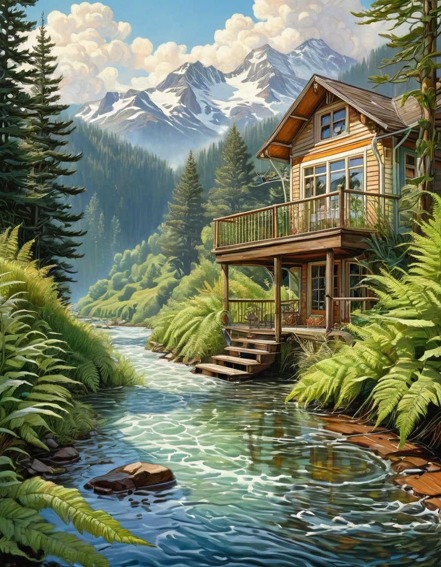 J.c. Leyendecker art style 
+ illustration river, fern on the sides of the river, small cute cozy house with a veranda, well,  Mountains, coniferous forest, Mysterious adventure. sunny day,  shining fluffy clouds.
detailing, quality, pencil drawing, outline with ink, bright colors.
Image Depth, volumetric shadow