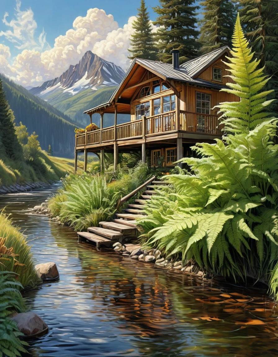 J.c. Leyendecker art style
+ illustration river, fern on the sides of the river, small cute cozy house with a veranda, well, Mountains, coniferous forest, Mysterious adventure. sunny day, shining fluffy clouds.
detailing, quality, pencil drawing, outline with ink, bright colors.
Image Depth, volumetric shadow