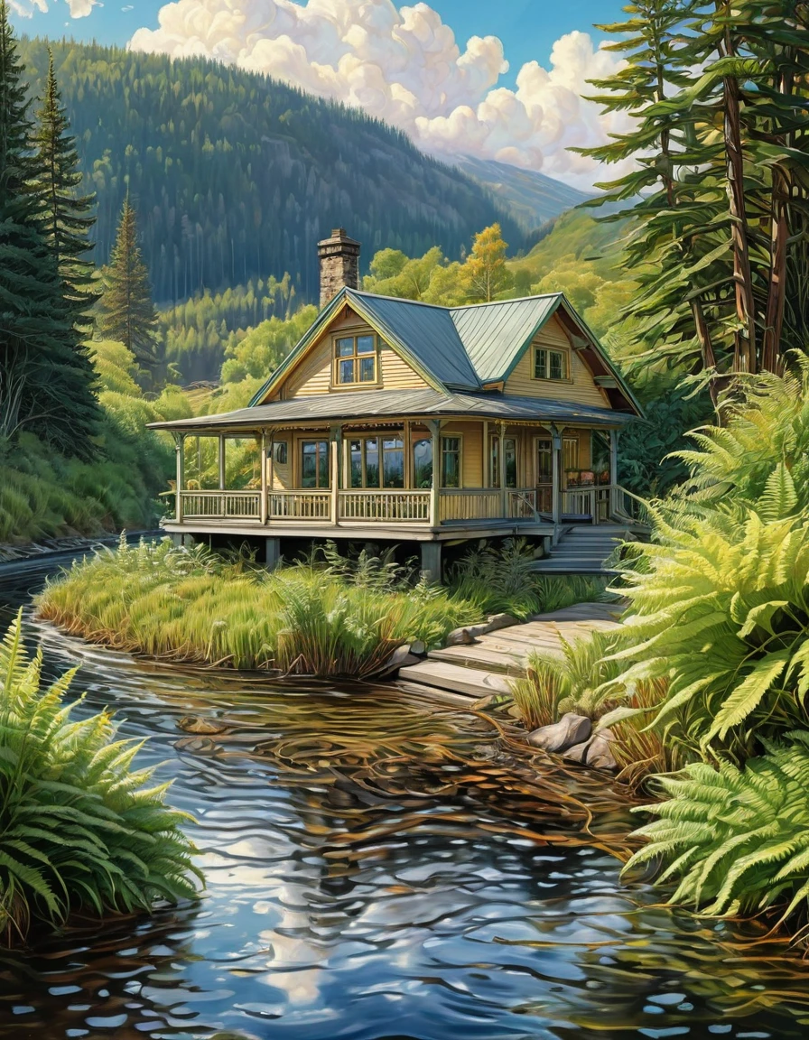 J.c. Leyendecker art style 
+ illustration river, fern on the sides of the river, small cute cozy house with a veranda, well,  Mountains, coniferous forest, Mysterious adventure. sunny day,  shining fluffy clouds.
detailing, quality, pencil drawing, outline with ink, bright colors.
Image Depth, volumetric shadow