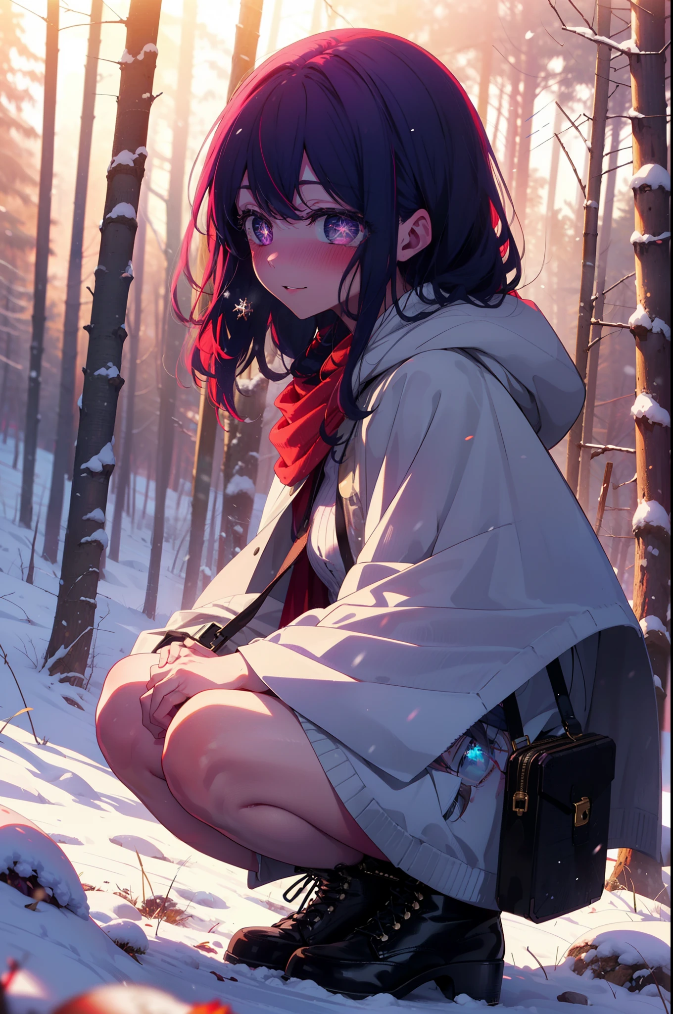 aihoshino, Ai Hoshino, Long Hair, bangs, (Purple eyes:1.1), Purple Hair, (Symbol-shaped pupil:1.5), smile,,smile,blush,white breath,
Open your mouth,snow,Ground bonfire, Outdoor, boots, snowing, From the side, wood, suitcase, Cape, Blurred, , forest, White handbag, nature,  Squat, Mouth closed, Cape, winter, Written boundary depth, Black shoes, red Cape break looking at viewer, Upper Body, whole body, break Outdoor, forest, nature, break (masterpiece:1.2), Highest quality, High resolution, unity 8k wallpaper, (shape:0.8), (Beautiful and beautiful eyes:1.6), Highly detailed face, Perfect lighting, Highly detailed CG, (Perfect hands, Perfect Anatomy),