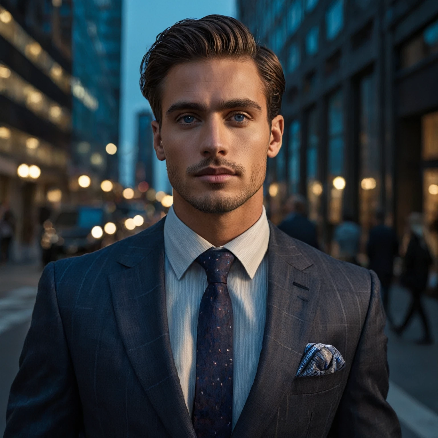 arafed man in a suit and tie standing on a city street, suit ， perfect face,blue eyes, brown hair, attractive man, handsome man, wearing a business suit, wearing suit, dressed in a suit, wearing a suit and a tie, wearing a suit, tailored clothing, handsome male, suit and tie, wearing business suit, well - dressed, wearing a suit and tie