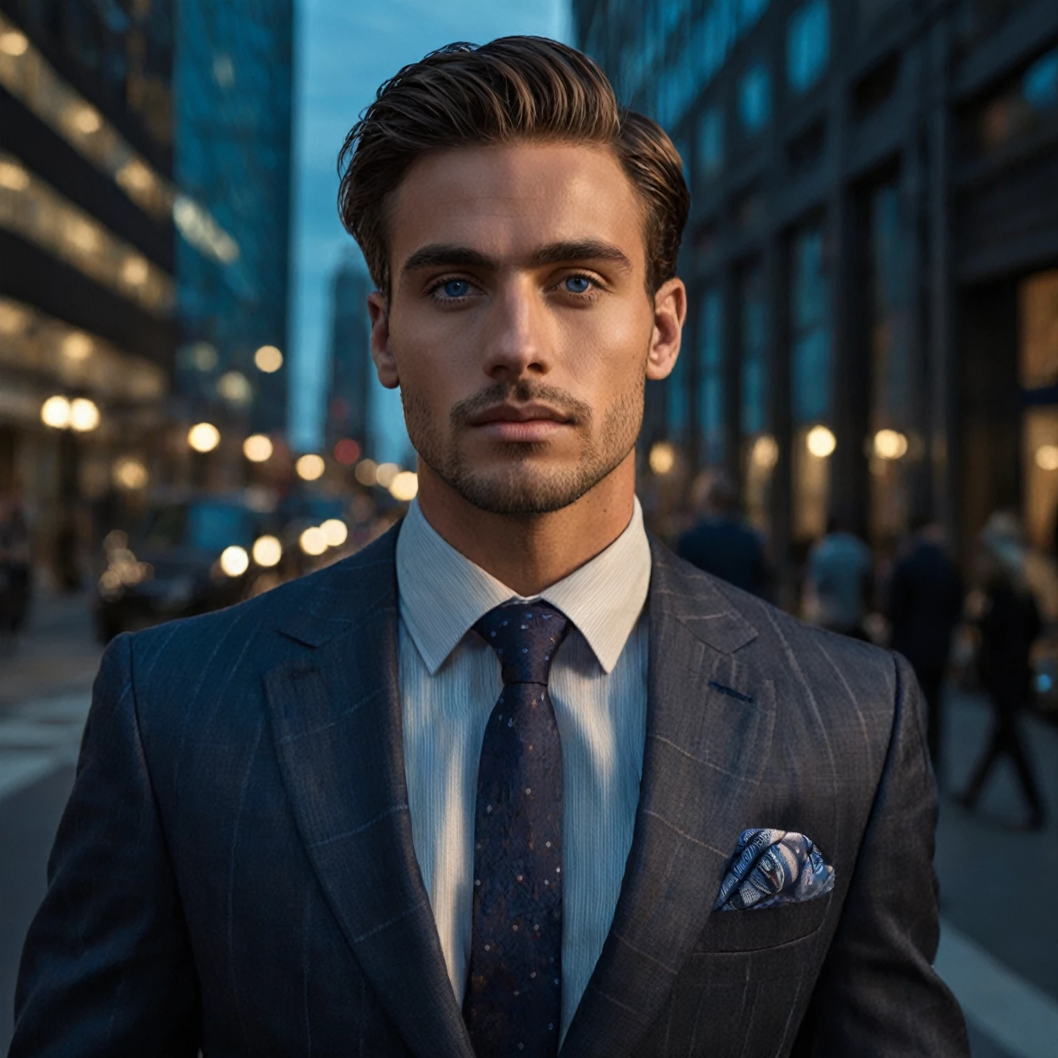 arafed man in a suit and tie standing on a city street, suit , perfect face,blue eyes, brown hair, attractive man, handsome man, wearing a business suit, wearing suit, dressed in a suit, wearing a suit and a tie, wearing a suit, tailored clothing, handsome male, suit and tie, wearing business suit, well - dressed, wearing a suit and tie