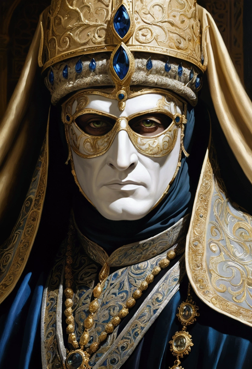 {
  "prompt": "A close-up painting of Baldwin IV, the leper king, wearing a metallic mask with intricate details and expressive eyes, but without a mustache. The mask is part of a larger headdress or garment, which is white and drapes over the shoulders. His eyes are expressive, and the background is dark, emphasizing the bright and reflective qualities of the mask and clothing.",
  "size": "1024x1024"
}
