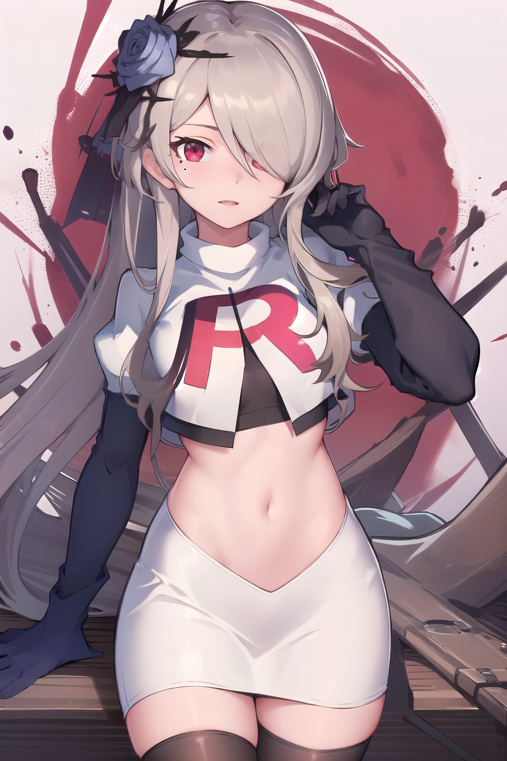 rita rossweisse, brown hair, long hair, hair over one eye, eyes visible through hair, hair flower, blue rose, red eyes, swept bangs, mole under eye, team rocket,team rocket uniform,white skirt,red letter R,crop top,black thigh-highs,black elbow gloves