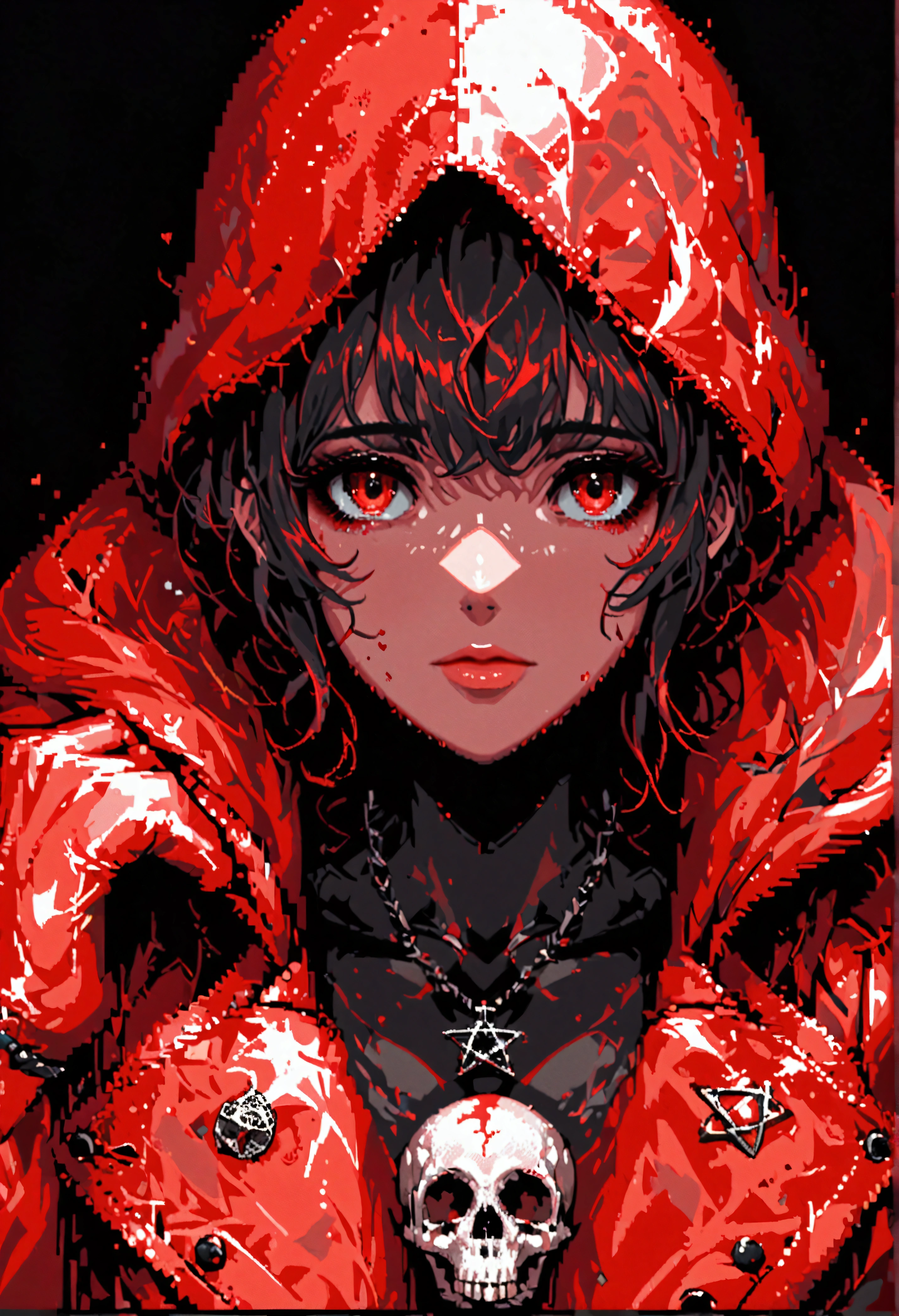 pixel art style, totally black background, red hooded trench coat, deep red trench coat, blood red, faceless, pentagram pendant, holding a skull in hands, front view, flat background