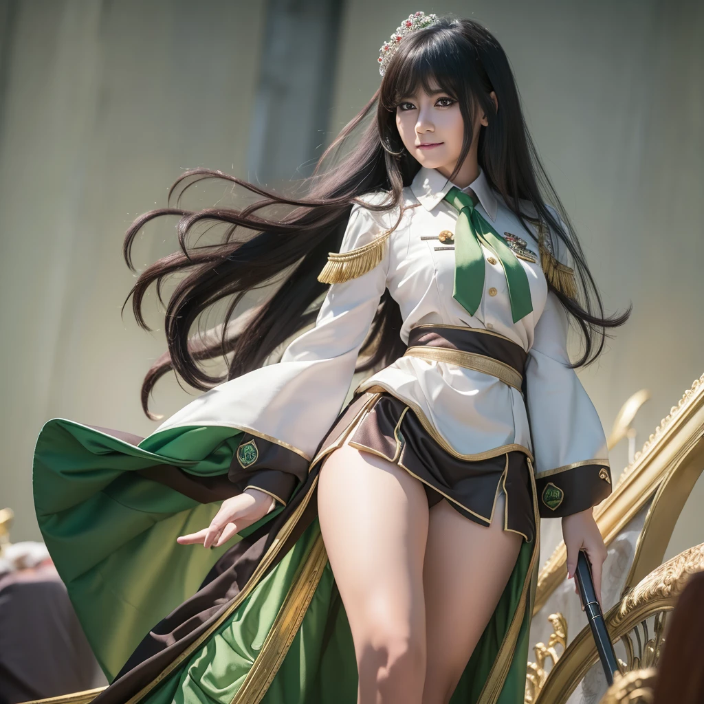 A beautiful young woman with long bangs, flowing black hair, wearing a white shirt, green skirt, and a red tie, posing gracefully and elegantly, sensual smile ,8k, highly detailed, photorealistic, studio lighting, dramatic chiaroscuro lighting, ambient occlusion, depth of field, cinematic composition, masterpiece, standing elegant, green eyes , looking at viewer