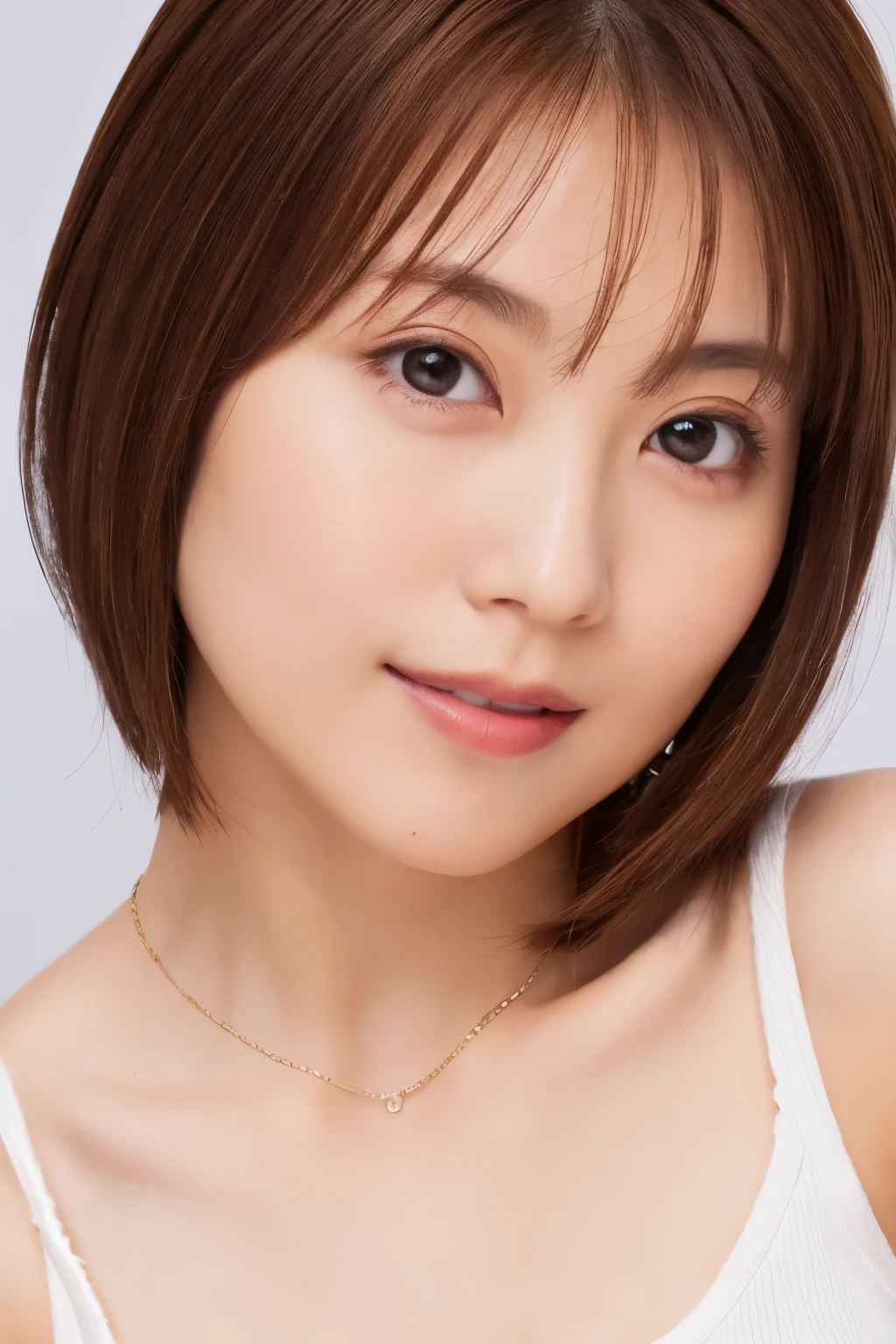 Japanese, short stature woman,  physique, short arm, long slit eyes, fleeting atmosphere, 30 year old, brown bob hair, ((thin lips)), white top and bottom underwear, musterpiece, best quality, detailed skin, detailed face, detailed eyes, 8K, good anatomy, upper body portrait