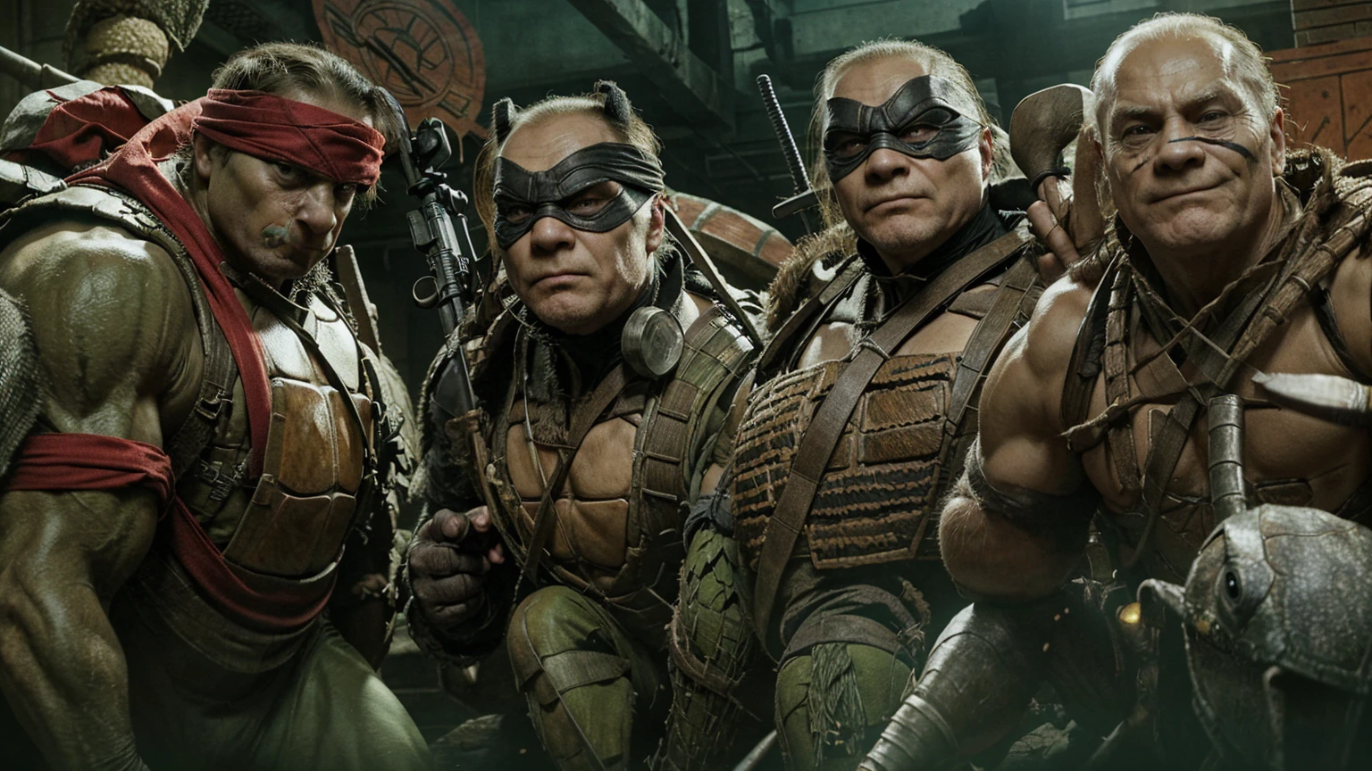 Cover of the 4 teanage mutant ninja turtles with the face of donald trump, biden, putin and erdogan with turtle shells, the weapons in hand, 
Draw faces much more clearly