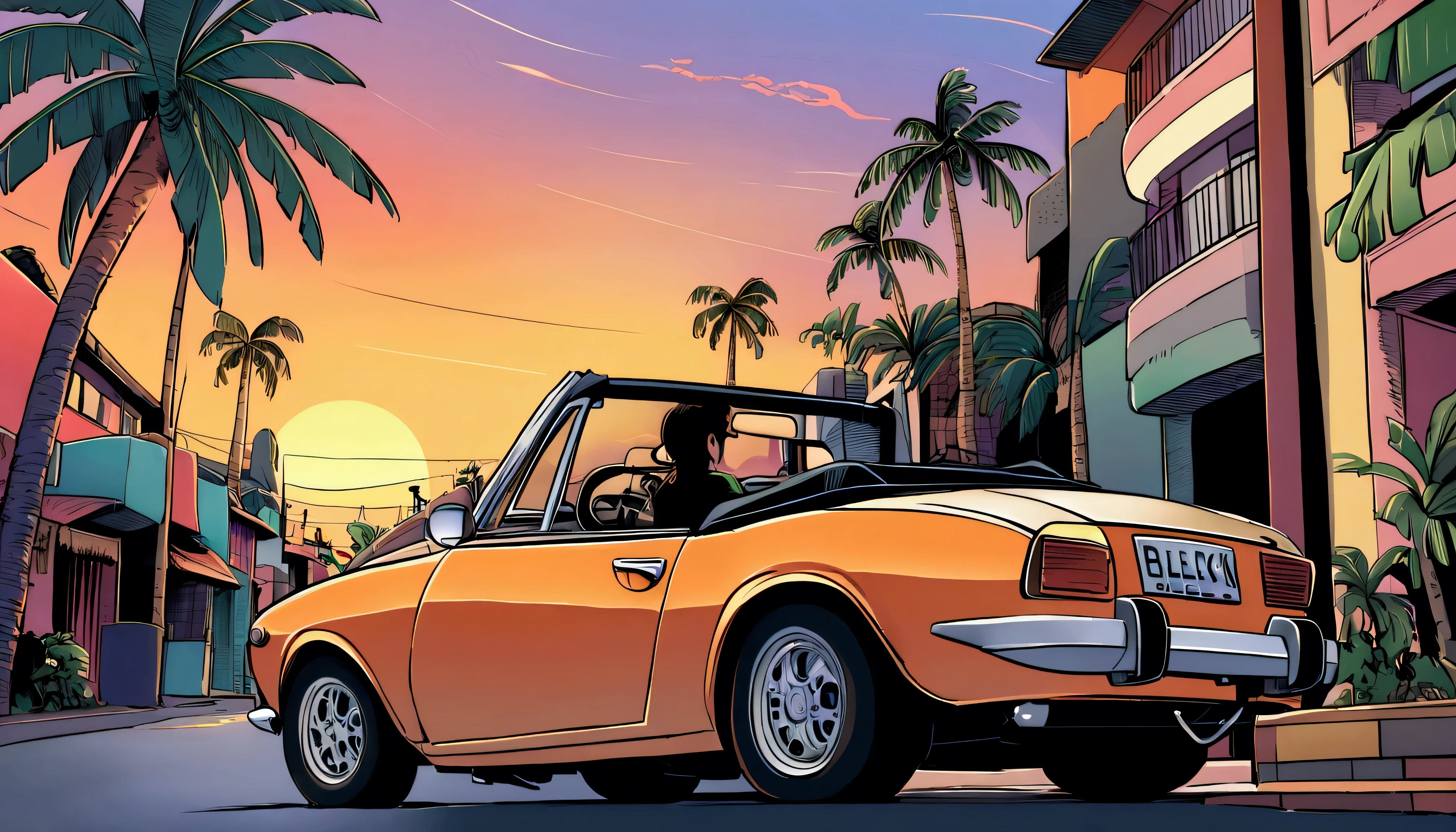 ((TShirt Design)), Fiat 850 Spider, Sunset background, Palm tree, Layers with 5 colors, Corner Street, Belek's Drums, Plethean,