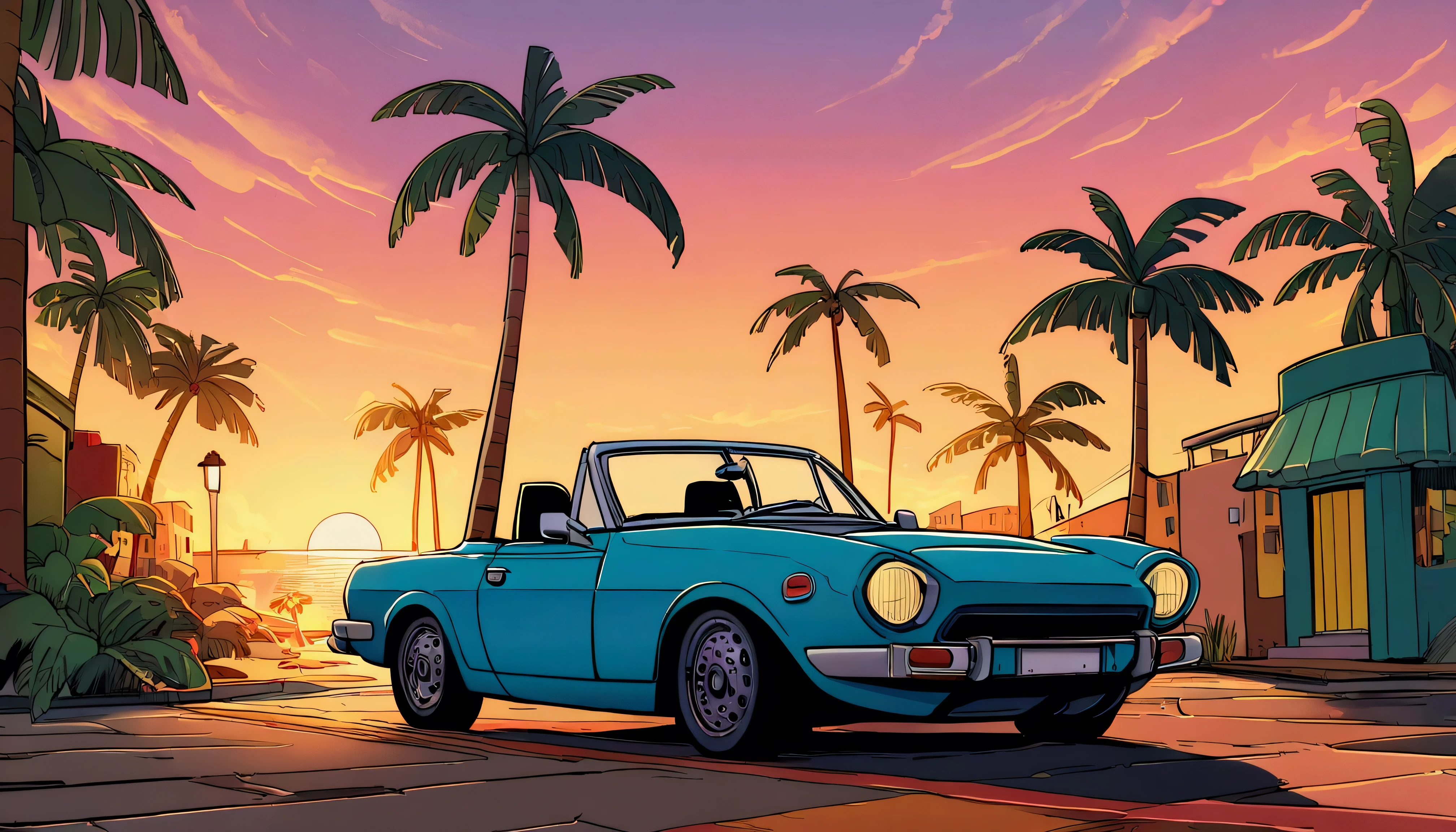 ((TShirt Design)), Fiat 850 Spider, Sunset background, Palm tree, Layers with 5 colors, Corner Street, Belek's Drums, Plethean,