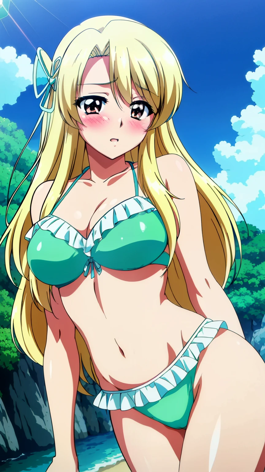 midori shouji,1 girl,Blonde,Long Hair, bangs, hair ribbon, green_eye,Big Breasts,
(Swimwear, bikini, Frills, beach, blush,Cowboy Shot:1.3),20 years,young woman,Beautiful Fingers,Beautiful long legs,Beautiful body,Beautiful Nose,Beautiful character design, perfect eye, perfect face,Perfect balance,
View your audience, Anime art style,Dynamic Angle,Official Art,Perfect lighting,colorful, bright_front_face_Lighting,White skin, (highest quality, 8k, High resolution, masterpiece:1.2), High resolution,(Absurd:1.1), Kodak Portrait 400, Film Grain, Lens flare, (Vibrant_color:1.1),