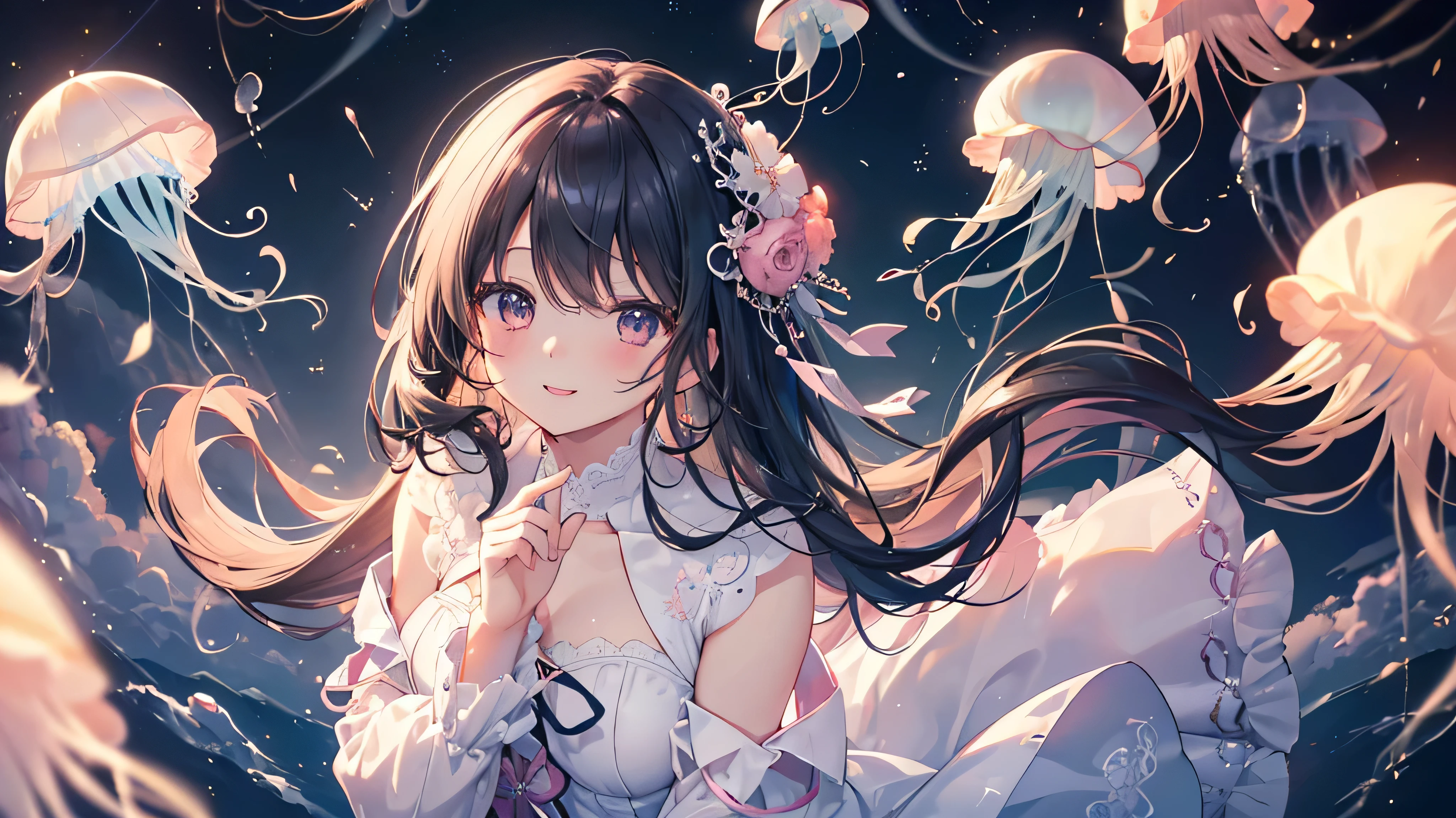 (((Highest quality、Cute cloud jellyfish,Aurelia,masterpiece、Ultra-fine、Ultra-fine、Exquisite、16K、Black Hair,Full HD,Asahi,high school girl,))) 、 (((The best smile,Angle from above)))Dark Eyes、Long eyelashes、White skin、(Pale pink lips、Pale pink cheeks、thin and long)、 ((cute)) ((One person)) 、((The best smile)) 、(A magnificent proposal