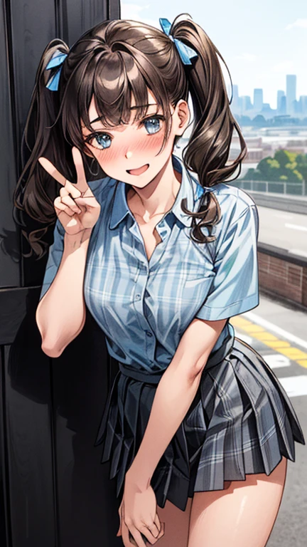 (masterpiece:1.3, of the highest quality, ultra high resolution, Super detailed), (realist:1.1, photorealist:1.4), Beautiful illustrations, perfect lighting, showy, Depth of written limit, 
Beautiful detailed hair, beautifully detailed face, Beautiful fine details, beautiful clavicle, beautiful body, beautiful breasts, beautiful thighs, Beautiful feet, beautiful fingers, 
See your viewers, 1 girl, Japanese, high school girl, perfect face, (perfect anatomy, anatomically correct), Cute and symmetrical face., baby face, Tanned, shiny skin, 
(medium hair:1.5, twin tails:1.2, rubio), asymmetrical bangs, blue eyes, long eyelashes, (medium chest), delgado, 
((Short sleeve collar shirt, light blue shirt, , gray plaid pleated skirt, Marinarlos)), no panties, 
(beautiful views), evening, (exterior, Distant cityscape), They are standing, (peace sign), (Nice smile, upturned cheek blush, open the mouth), (Old pervert opens girl&#39;s pussy:1.3),