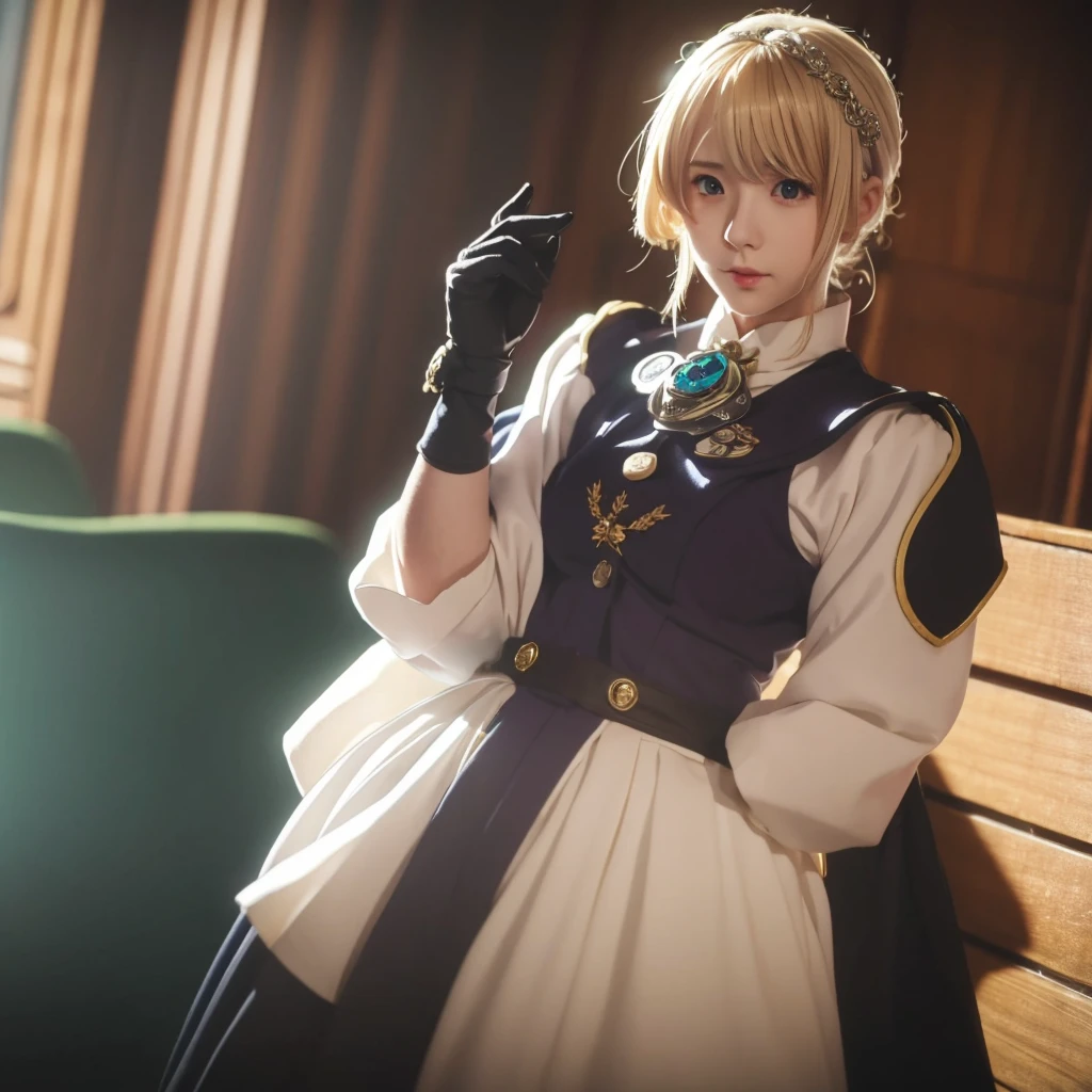 Violet evergarden, gloves, brooch, blur eyes, blonde