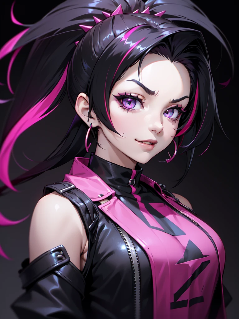 (((Portrait Photo))), She has the Appearance of Bold and Edgy Girl, with a Slim, Fashionable Build that Radiates Confidence. Her Long, Straight Black Hair is Accentuated by Vibrant Pink Streaks, Tied in a Spiky Short Ponytail, Adding a Striking and Rebellious Flair to Her Look. Her Dark Eyes are Intense and Expressive, Filled with a Sense of Mischief and Determination, Giving Her a Fierce and Charismatic Aura. Her Expression is Playful and Defiant, with a Smug, Confident Smile that Conveys a Sense of Boldness and Independence. (((High Quality, Dark Background))), (((Portrait Photo))), (((Streaked Hair))), (((Sleeveless Top with Straps and Loose Sleeves)))