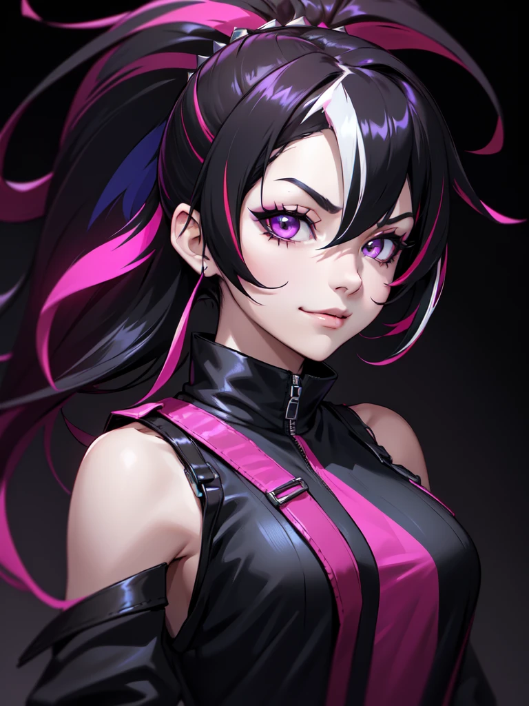 (((Portrait Photo))), She has the Appearance of Bold and Edgy Girl, with a Slim, Fashionable Build that Radiates Confidence. Her Long, Straight Black Hair is Accentuated by Vibrant Pink Streaks, Tied in a Spiky Short Ponytail, Adding a Striking and Rebellious Flair to Her Look. Her Dark Eyes are Intense and Expressive, Filled with a Sense of Mischief and Determination, Giving Her a Fierce and Charismatic Aura. Her Expression is Playful and Defiant, with a Smug, Confident Smile that Conveys a Sense of Boldness and Independence. (((High Quality, Dark Background))), (((Portrait Photo))), (((Streaked Hair))), (((Sleeveless Top with Straps and Loose Sleeves)))