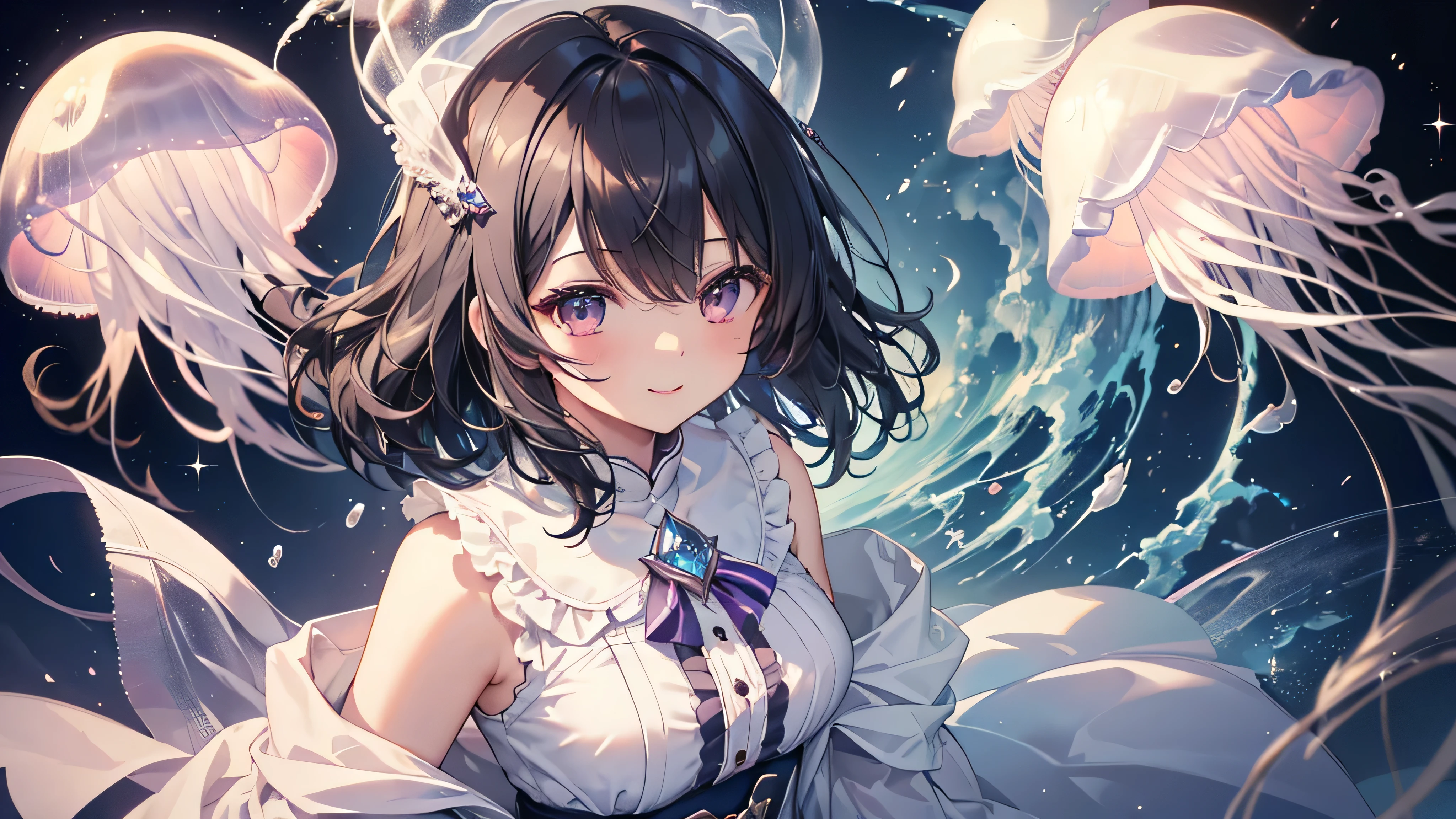 (((Highest quality、cloud jellyfish,Aurelia,masterpiece、Ultra-fine、Ultra-fine、Exquisite、16K、Black Hair,Full HD,Asahi,high school girl,))) 、 (((The best smile,Angle from above)))Dark Eyes、Long eyelashes、White skin、(Pale pink lips、Pale pink cheeks、thin and long)、 ((cute)) ((One person)) 、((The best smile)) 、(epic proportion)、