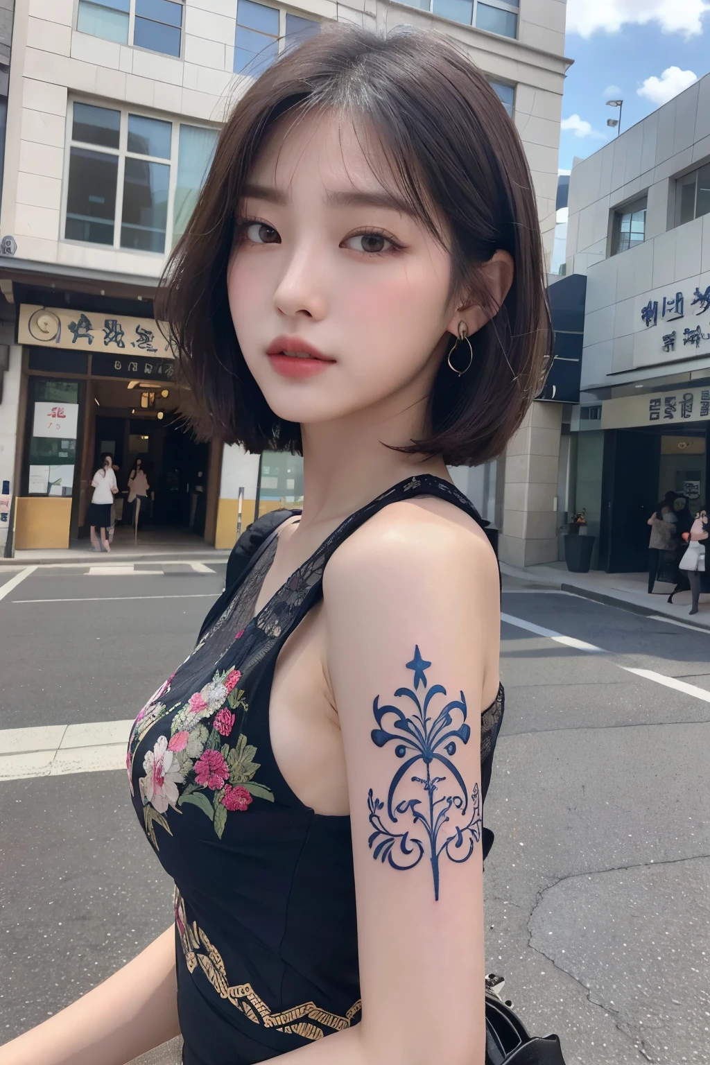 (Realistic, High Resolution: 1.3), 1 Girl with Perfect Body, H1-KEY HWISEO, 42 years old, ((h1-key hwiseo)), ((Tattoo on shoulder and arm)),Create an image of a young woman with a short bob cut taking a selfie on a city street。Close-up、building in the background、City sign、There is a slightly cloudy sky。She has a calm, expressionless face.、She is wearing a sheer embroidered top。