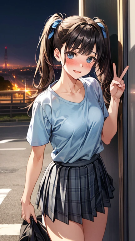 (masterpiece:1.3, of the highest quality, ultra high resolution, Super detailed), (realist:1.1, photorealist:1.4), Beautiful illustrations, perfect lighting, showy, Depth of written limit,
Beautiful detailed hair, beautifully detailed face, Beautiful fine details, beautiful clavicle, beautiful body, beautiful breasts, beautiful thighs, Beautiful feet, beautiful fingers,
See your viewers, 1 girl, Japanese, high school girl, perfect face, (perfect anatomy, anatomically correct), Cute and symmetrical face., baby face, Tanned, shiny skin,
(medium hair:1.5, twin tails:1.2, rubio), asymmetrical bangs, blue eyes, long eyelashes, (medium chest), delgado,
((Short sleeve collar shirt, light blue shirt, , gray plaid pleated skirt, Marinarlos)), no panties,
(beautiful views), evening, (exterior, Distant cityscape), They are standing, (peace sign), (Nice smile, upturned cheek blush, open the mouth), (Old pervert opens girl's pussy:1.3),