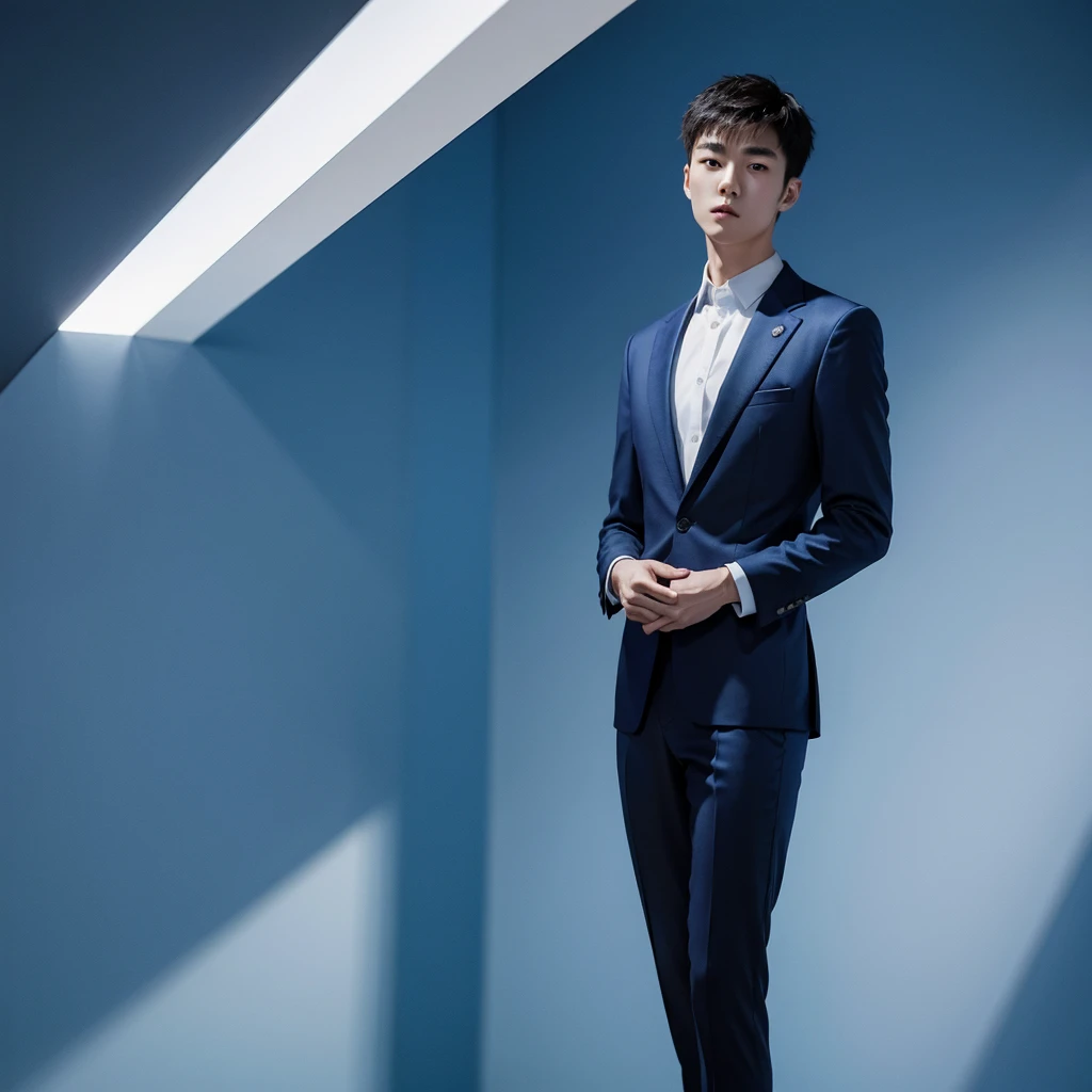 1 handsome chinese slim guy, 20 years old, short hair, wearing a business suit, standing upright with feet together and hands down, in a blue background, photorealistic portrait, high quality, studio lighting, detailed facial features, sharp focus, vivid colors