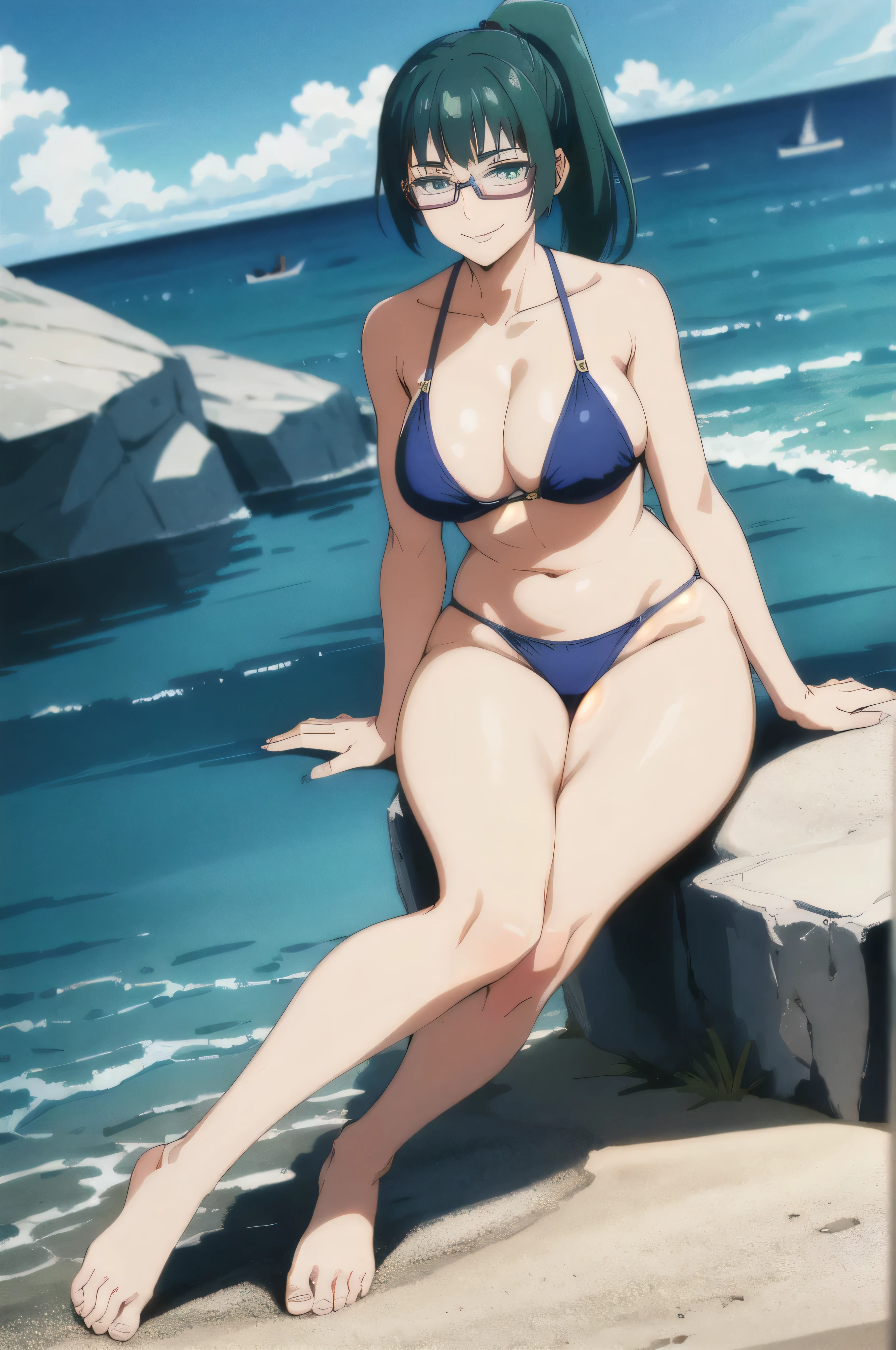 MakiZenin,1girl, perfect, beautiful, lnd_woman, lnd_body, ponytail, [(green hair:1.1):2] eyewear,  1girl, solo, breasts, looking_at_viewer, smile, large_breasts, cleavage, bare_shoulders, collarbone, sitting, sitting on rock, legs crossed, thick thighs, thong underwear, from_below, breasts, large breasts, big breasts, huge breasts, big tits, giant breasts, small bikini, bikini, blue bikini, bare shoulders, bare arms, beach, ocean, underboob, island background, high resolution, beautiful eyes, high quality