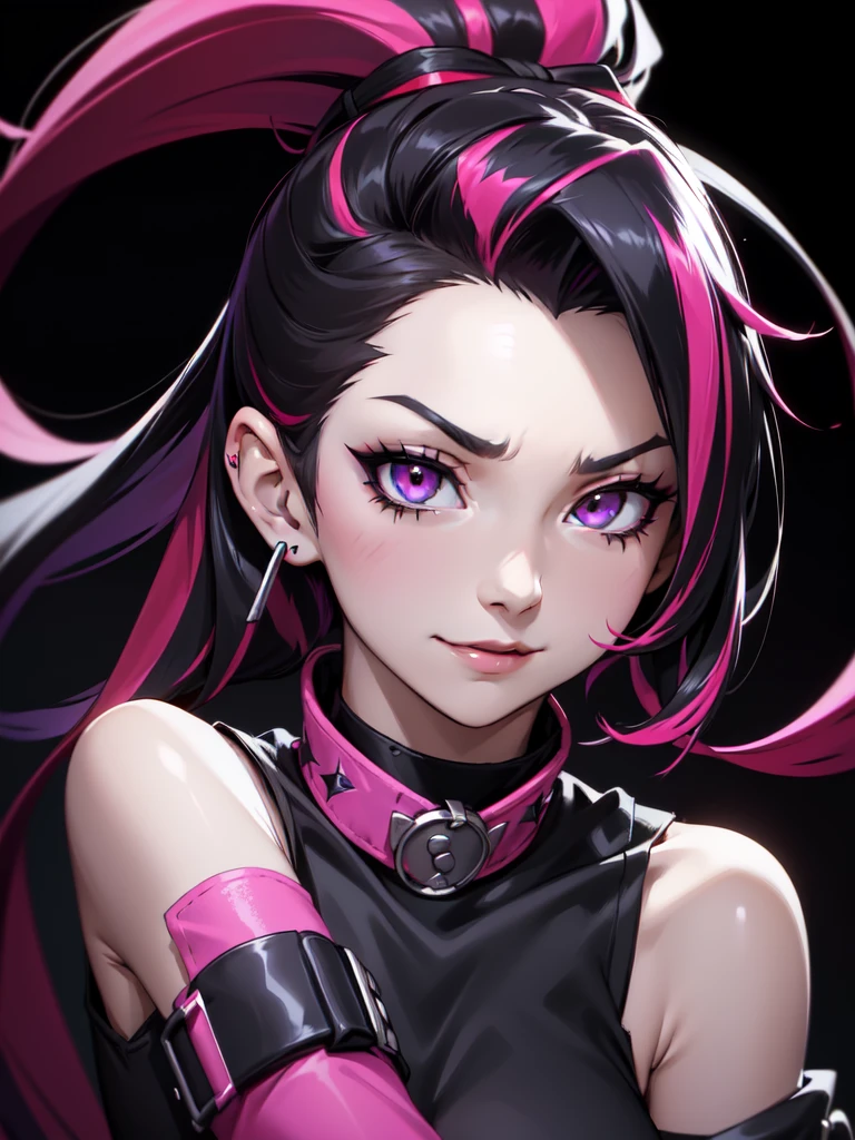 (((Portrait Photo))), She has the Appearance of Bold and Edgy Girl, with a Slim, Fashionable Build that Radiates Confidence. Her Long, Straight Black Hair is Accentuated by Vibrant Pink Streaks, Tied in a Spiky Short Ponytail, Adding a Striking and Rebellious Flair to Her Look. Her Dark Eyes are Intense and Expressive, Filled with a Sense of Mischief and Determination, Giving Her a Fierce and Charismatic Aura. Her Expression is Playful and Defiant, with a Smug, Confident Smile that Conveys a Sense of Boldness and Independence. (((High Quality, Dark Background))), (((Portrait Photo))), (((Streaked Hair))), (((Sleeveless Top with Straps and Loose Sleeves)))