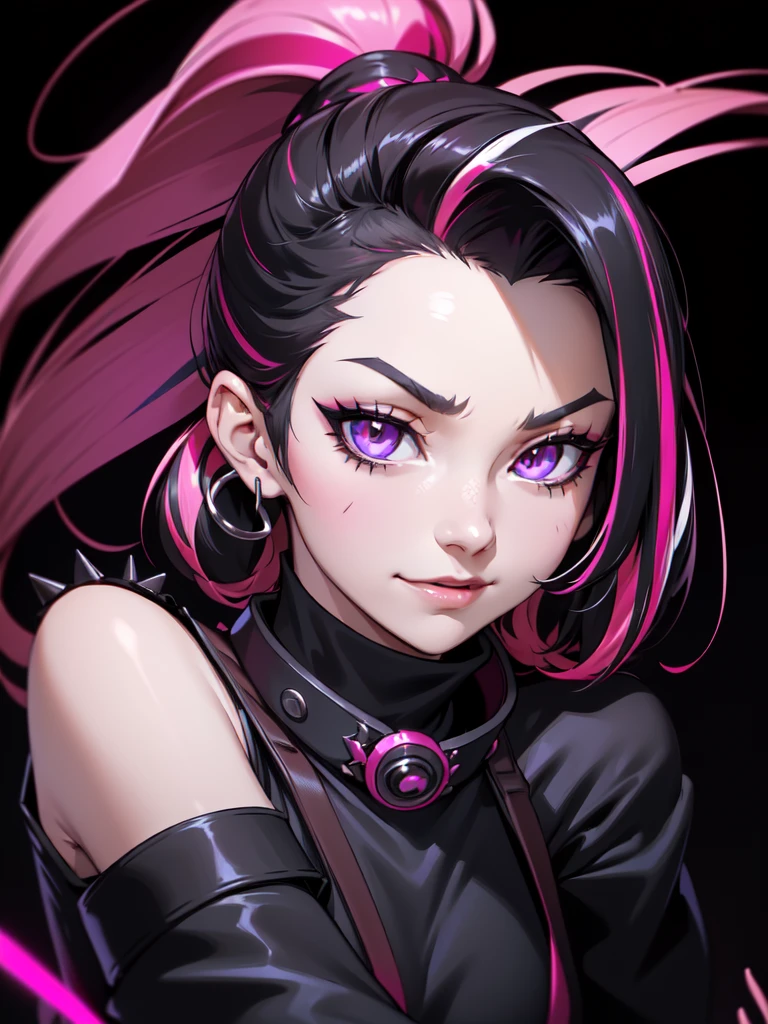 (((Portrait Photo))), She has the Appearance of Bold and Edgy Girl, with a Slim, Fashionable Build that Radiates Confidence. Her Long, Straight Black Hair is Accentuated by Vibrant Pink Streaks, Tied in a Spiky Short Ponytail, Adding a Striking and Rebellious Flair to Her Look. Her Dark Eyes are Intense and Expressive, Filled with a Sense of Mischief and Determination, Giving Her a Fierce and Charismatic Aura. Her Expression is Playful and Defiant, with a Smug, Confident Smile that Conveys a Sense of Boldness and Independence. (((High Quality, Dark Background))), (((Portrait Photo))), (((Streaked Hair))), (((Sleeveless Top with Straps and Loose Sleeves)))