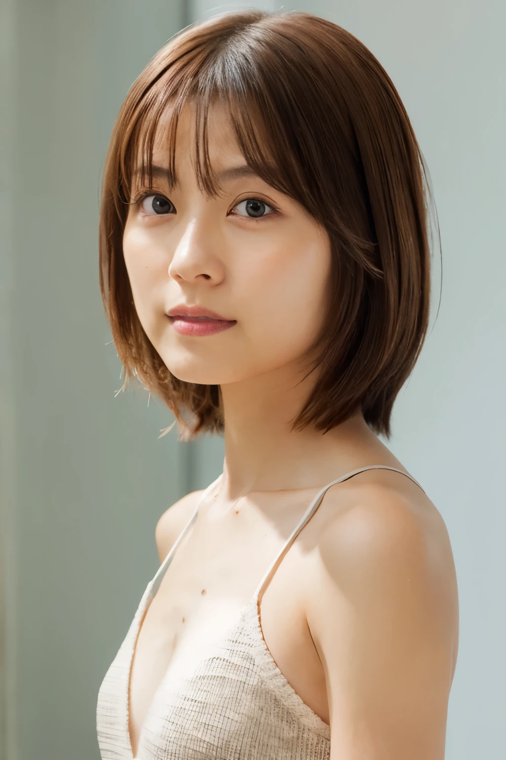 Japanese, short stature woman, physique, short arm, long slit eyes, fleeting atmosphere, 30 year old, brown bob hair, ((thin lips)), white top and bottom underwear, musterpiece, best quality, detailed skin, detailed face, detailed eyes, 8K, good anatomy, upper body portrait