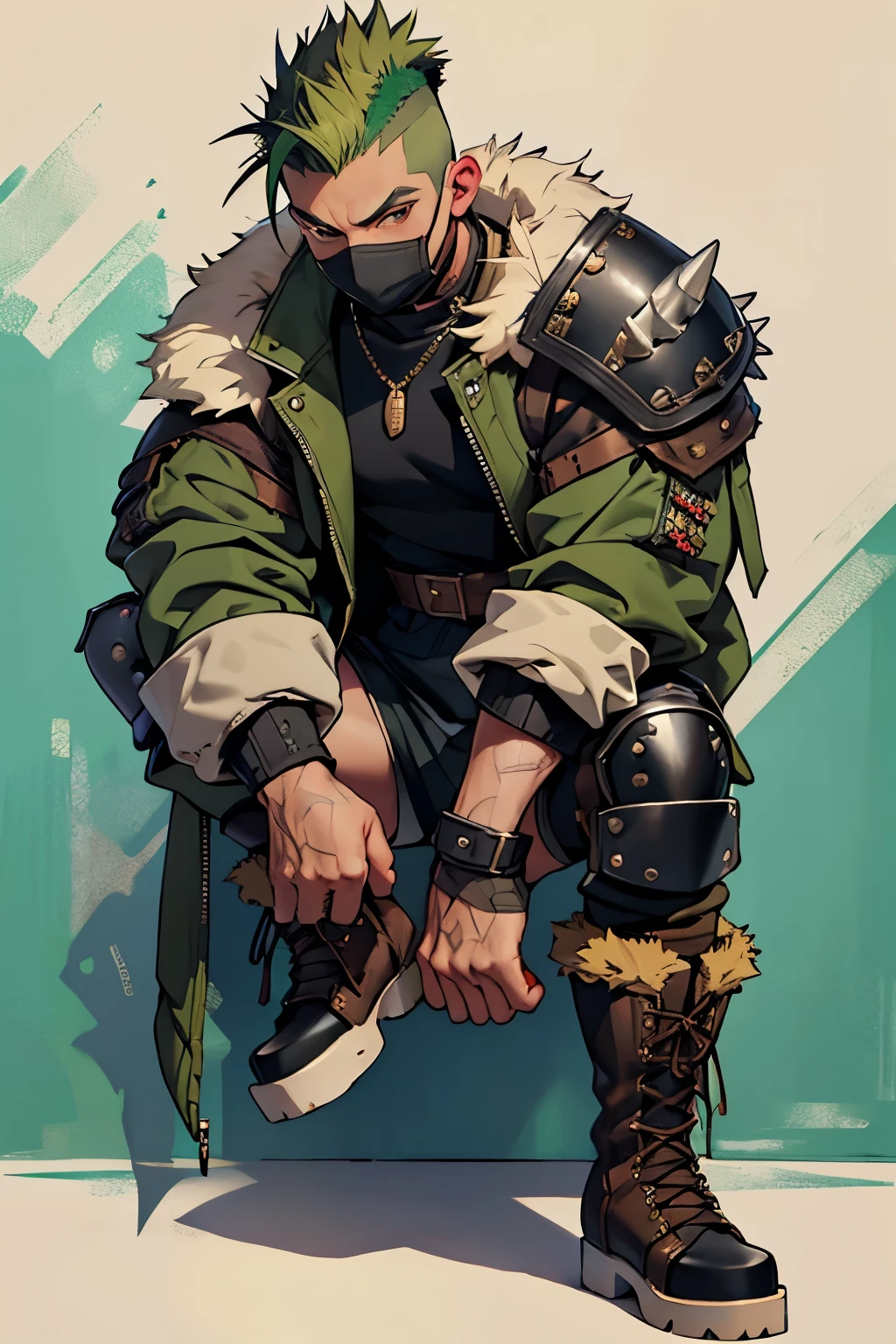 Guy, punk, green hair, Mohawk hairstyle, brown eyes. Thin build hunchbacked medieval clothing, jacket with fur collar, (beak-shaped mask). different shoes, a boot on one leg, a boot on the other (knee pads and shoulder pads with spikes). Full height