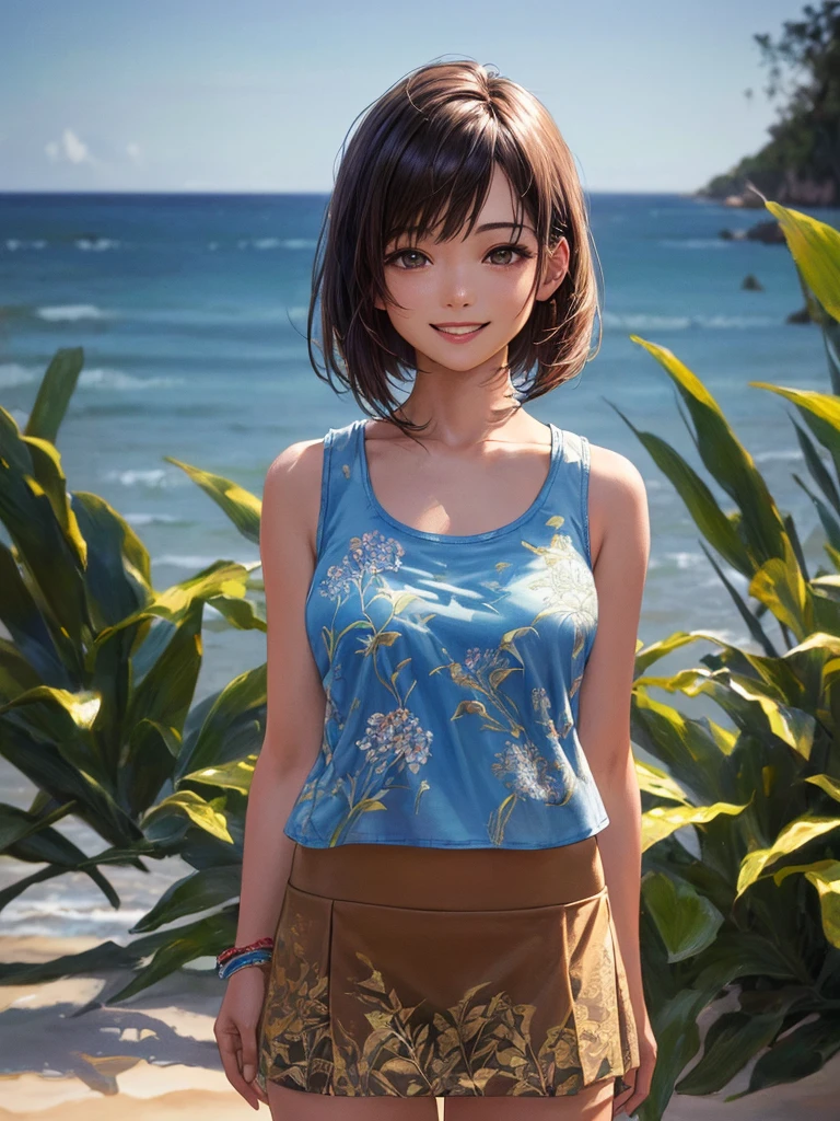 (Highest quality、8k、32K、masterpiece)、(Realistic)、(Realistic:1.2)、(High resolution)、Very detailed、Very beautiful face and eyes、(((Women's Solo Shot)))、Frame In、Tight waist、(Highest quality、Attention to detail、Rich skin detail)、(Highest quality、8k、Oil paints:1.2)、(Realistic、Realistic:1.37)、Bright colors、(((Bust Shot)))、(((Bob Hair)))、(((smile)))、(((Brown Hair)))、(((Light blue tank top)))、(((Botanical print tank top)))、(((Brown mini skirt)))、(((I'm on the beach)))、(((you can see the horizon)))、((Hair is stiff、I'm touching my hair))、(((blue sky)))、(((Stylish necklace)))