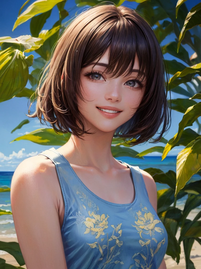 (Highest quality、8k、32K、masterpiece)、(Realistic)、(Realistic:1.2)、(High resolution)、Very detailed、Very beautiful face and eyes、(((Women's Solo Shot)))、Frame In、Tight waist、(Highest quality、Attention to detail、Rich skin detail)、(Highest quality、8k、Oil paints:1.2)、(Realistic、Realistic:1.37)、Bright colors、(((Bust Shot)))、(((Bob Hair)))、(((smile)))、(((Brown Hair)))、(((Light blue tank top)))、(((Botanical print tank top)))、(((Brown mini skirt)))、(((I'm on the beach)))、(((you can see the horizon)))、((Hair is stiff、I'm touching my hair))、(((blue sky)))、(((Stylish necklace)))