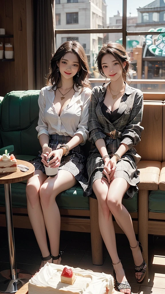 8k、RAW Photos、Highest quality、Super detailed、Super Resolution、Ultra HD、8k wallpaper、Amazing details blazer uniform girl ((White blouse with formal collar, Pink Blazer, Black plaid skirt, Red checkered ribbon on blouse)), Complete limbs, Full Finger, (((Small hands)))
(((((Two Women)))))
((((((Inside the Starbucks store))))))、16 year old female student、
(((((Eat cake、Drink coffee、smile)))))、
(((Heart Necklace、Gold bracelet)))
(((Emphasize cleavage)))
((((Woman sitting at the window seat))))
((((White skin))))
((((Full body photo))))