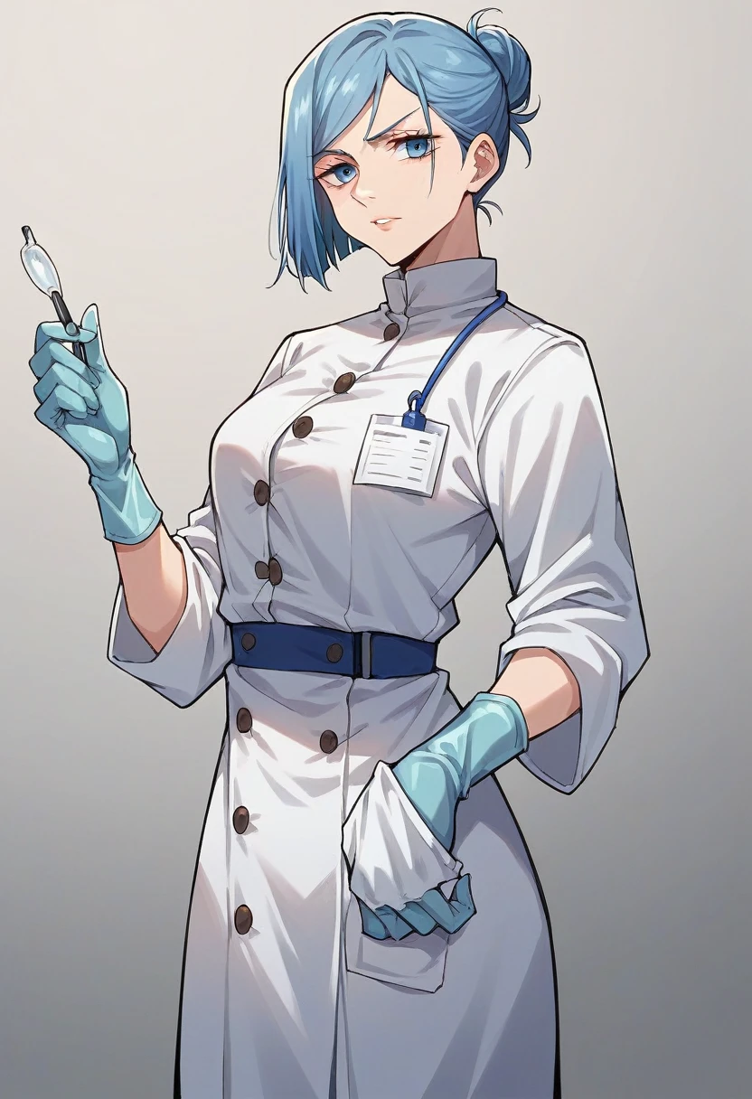 1girl, nobara \(jujutsu kaisen\), ((blue medical gloves)), ((surgical gloves)), ((latex gloves)), ((long sleeves)), looking at viewer, ((white doctor outfit)), standing, solo
