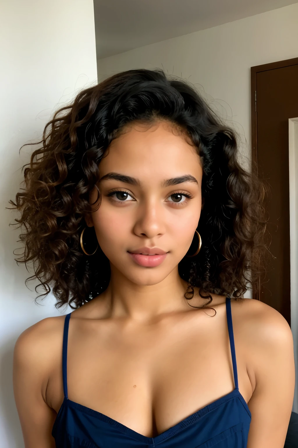 face of a young 18 year old mixed race Caribbean woman blue eyes sexy sensual beautiful curly hair very matte complexion very luscious lips almond shaped eyes deep gaze for model only fans