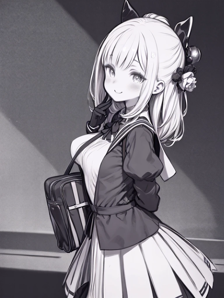 masterpiece, Highest quality, One girl, (((breast focus))), ((Cute eyes)), gloves, hair ornaments, , View your viewers, alone, chest, From the side, , Put your hands behind your back, school bag, Wicked Smile, (((Monochrome))), Blue Line, chest, Line art,