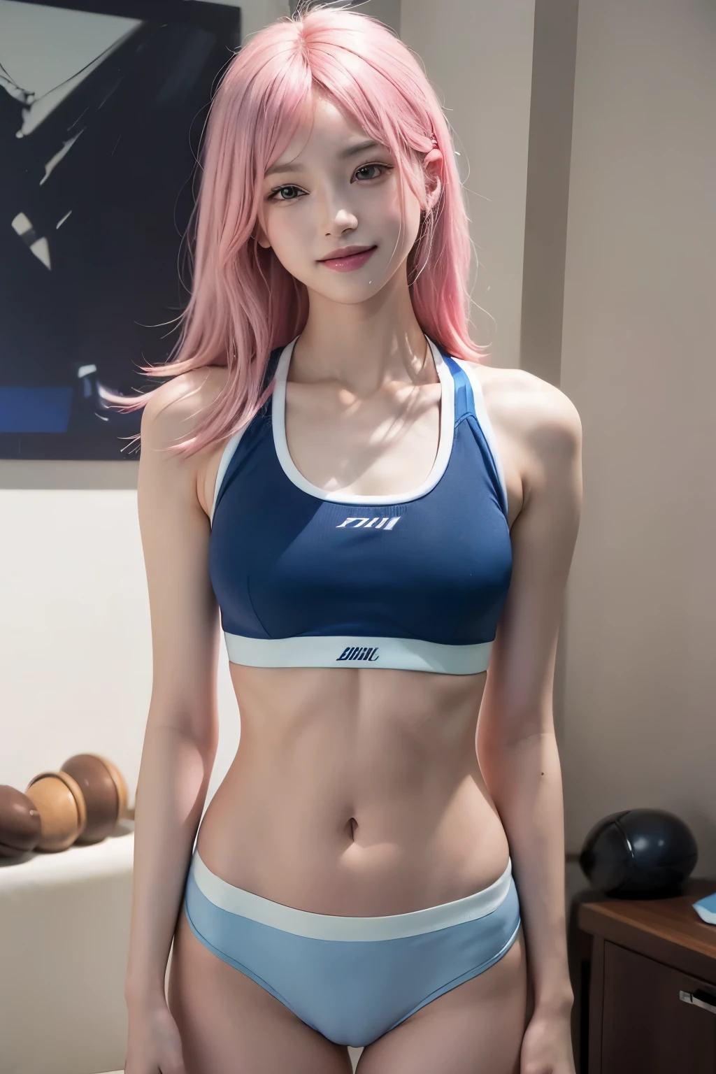 (8K, top-quality, masterpiece:1.2), (reallistic, Photorealsitic:1.37), Super Detail, One girl,), (Highly detailed), (beautifully detailed eyes), (of the highest quality), (super detailed ), (masterpiece), (Detailed face),20yr old, ,1 girl, ((pink hair,long hair)), medium breasts, clothed, Perfect Lighting, BREAK (glossy blue buruma:1.5), (glossy sports bra, fuchsia:1.4), (white quarter socks:1.2), BRAKE (upperbody to thigh:1.3), (smile:1.2), (looking at viewer:1.1), (standing:1.2), (white background:1.1), (dramatic lighting:1.1), BRAKE