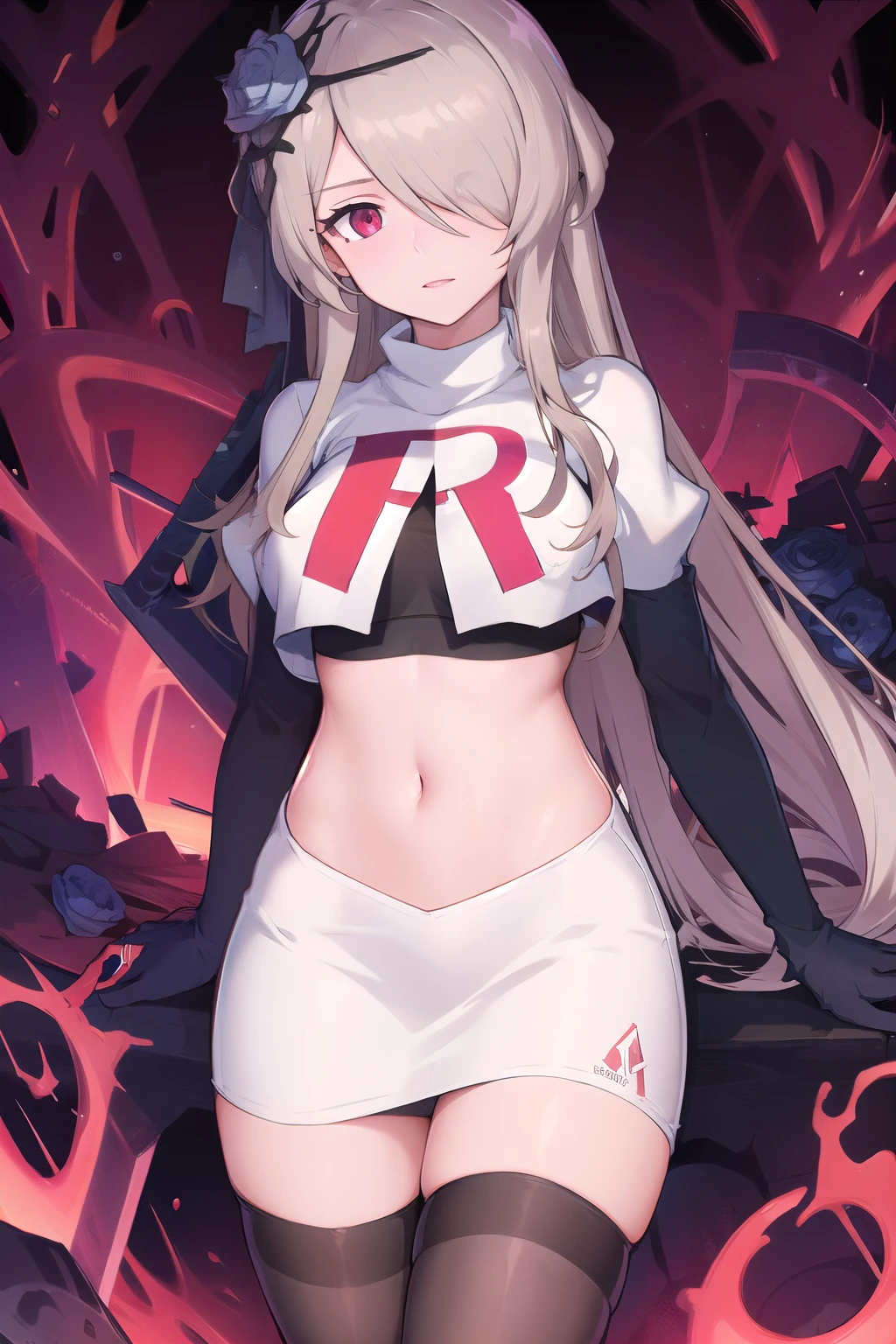 rita rossweisse, brown hair, long hair, hair over one eye, eyes visible through hair, hair flower, blue rose, red eyes, swept bangs, mole under eye, team rocket,team rocket uniform,white skirt,red letter R,crop top,black thigh-highs,black elbow gloves