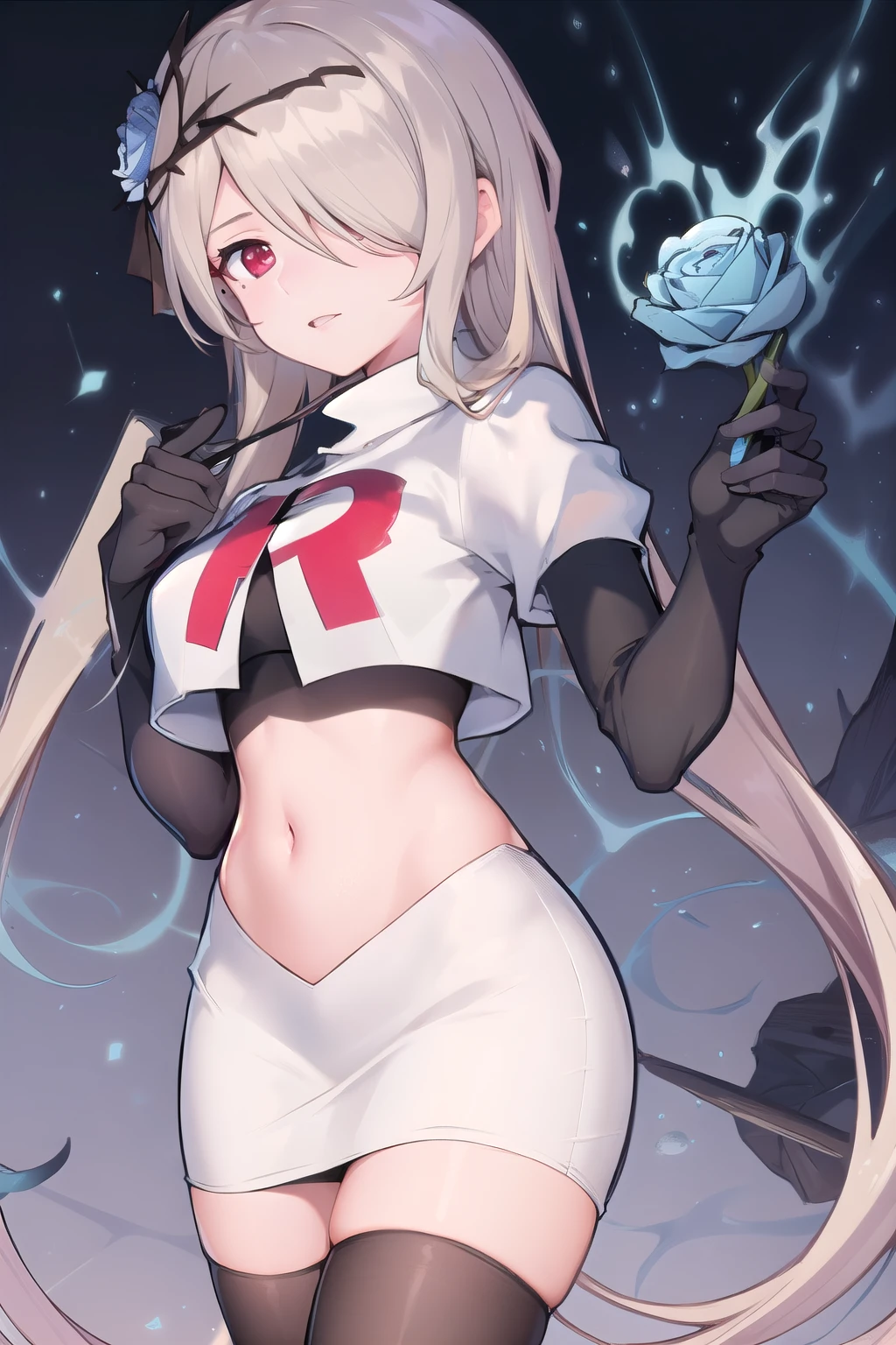 rita rossweisse, brown hair, long hair, hair over one eye, eyes visible through hair, hair flower, blue rose, red eyes, swept bangs, mole under eye, team rocket,team rocket uniform,white skirt,red letter R,crop top,black thigh-highs,black elbow gloves