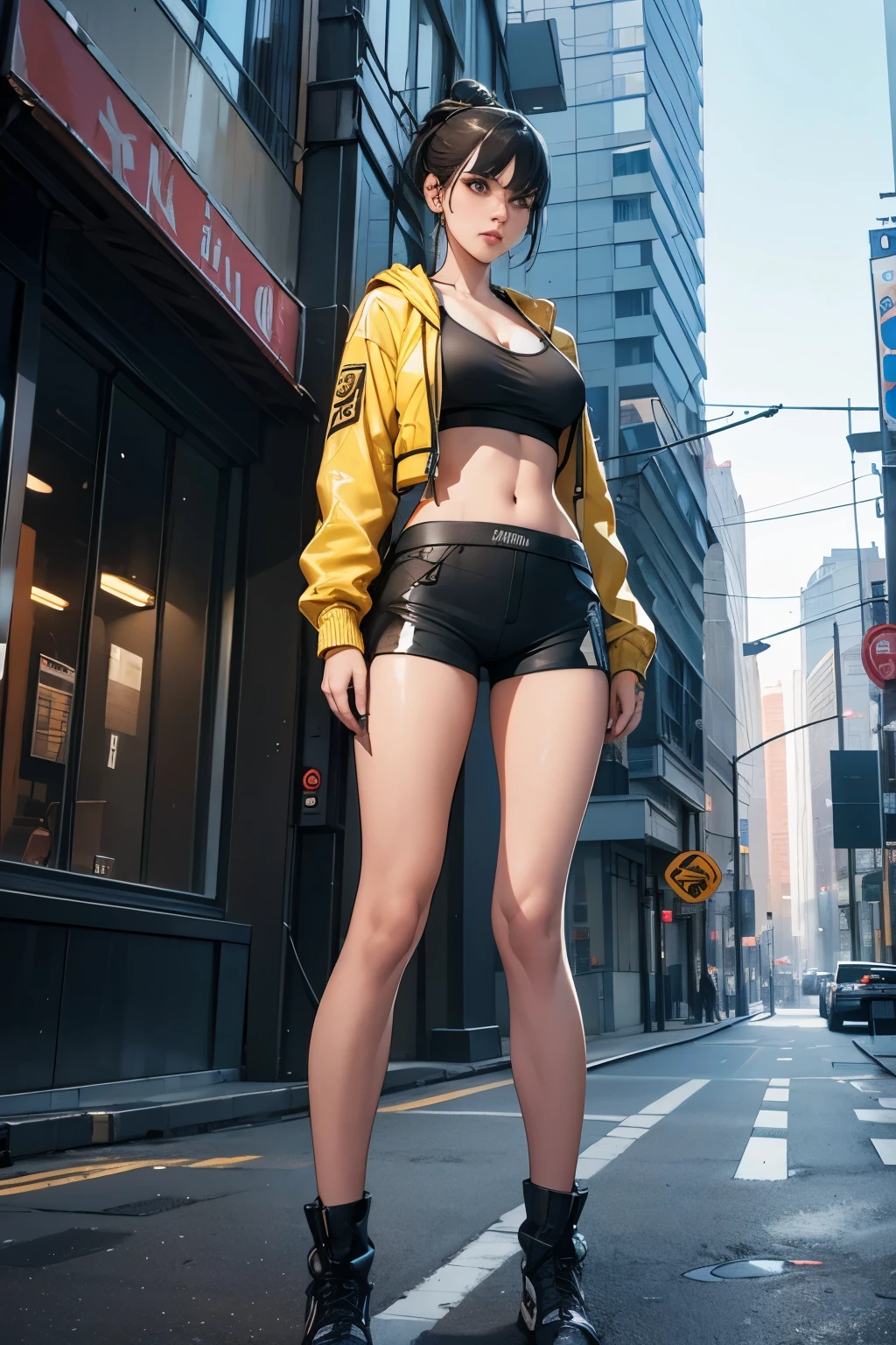 Full body, 1 girl, masterpiece, photo realistic, arafed beautyful lady in yellow jacket standing on street corner, pony tail, crop top, cleavage, high-waist mini shorts cargo, cameltoe, cyberpunk city, standing tall, busty, in a city street, Shifted Bangs Japanese Haircut, wearing urban techwear, realistic depiction, standing in a city center, an ultra realistic, promo image, techwear look and clothes, in city street, hyper-realistic, hyper - realistic, wojtek fus, hyper realistic style, small waist