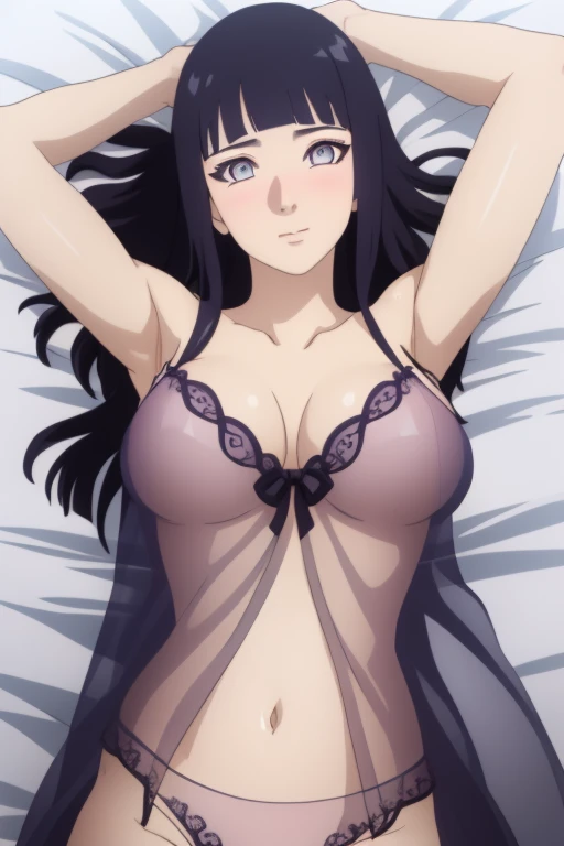 (​masterpiece, top-quality, hight resolution:1.22), (anime screencap,1.5, anime-keyvisual), (ultra_detailed, 4k, UHD:1.2), (photorealistic, pixiv:1.3), the perfect body, Hinata, 1girl, solo, blush, (huge breast:1.5, Breasts Apart), (slim, hands up, navel), (see-through negligee:1.5), (on back, sleepy), (upper body:1.5, on bed), (perfect detailed anatomy:1.5, beautiful detailed face, beautiful detailed eyes, beautiful skin, perfect detailed arms:1.5), 