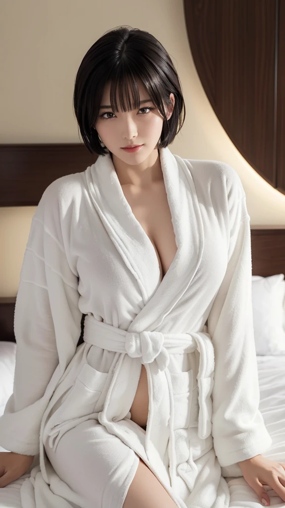 ((Highest quality)), ((masterpiece)), (detailed),woman、Japanese、若いwoman、((Wearing a white bathrobe))、Hotel Rooms、short hair、Bob Hair、Black Hair、G-cup breasts、Legs slightly apart、((On the bed))、(After sex)、((I am satisfied))、((Calm expression))、((sleepy))、Moments of Happiness、((Face Cast Down))、(Wet Hair)、