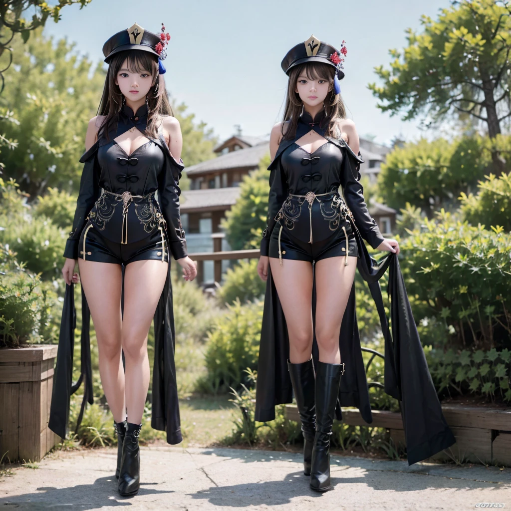 1girl, masterpiece, young, full body, photo of a Hu Tao ,18 years,  mini shorts, black jacket,hat,  looking at viewer, [celebrity:pop idol:actress:european] face, (alpine meadows),  bare shoulders,  (pureerosface_v1:0.17), sexy, cute, solo, best quality, (professional color correction), ultra high res, ultra detailed, realistic , outdoors,  